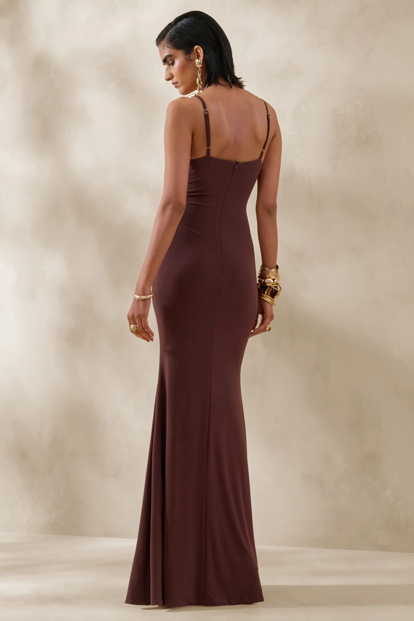 Iridessa Brown Plunge-Neck Maxi Dress