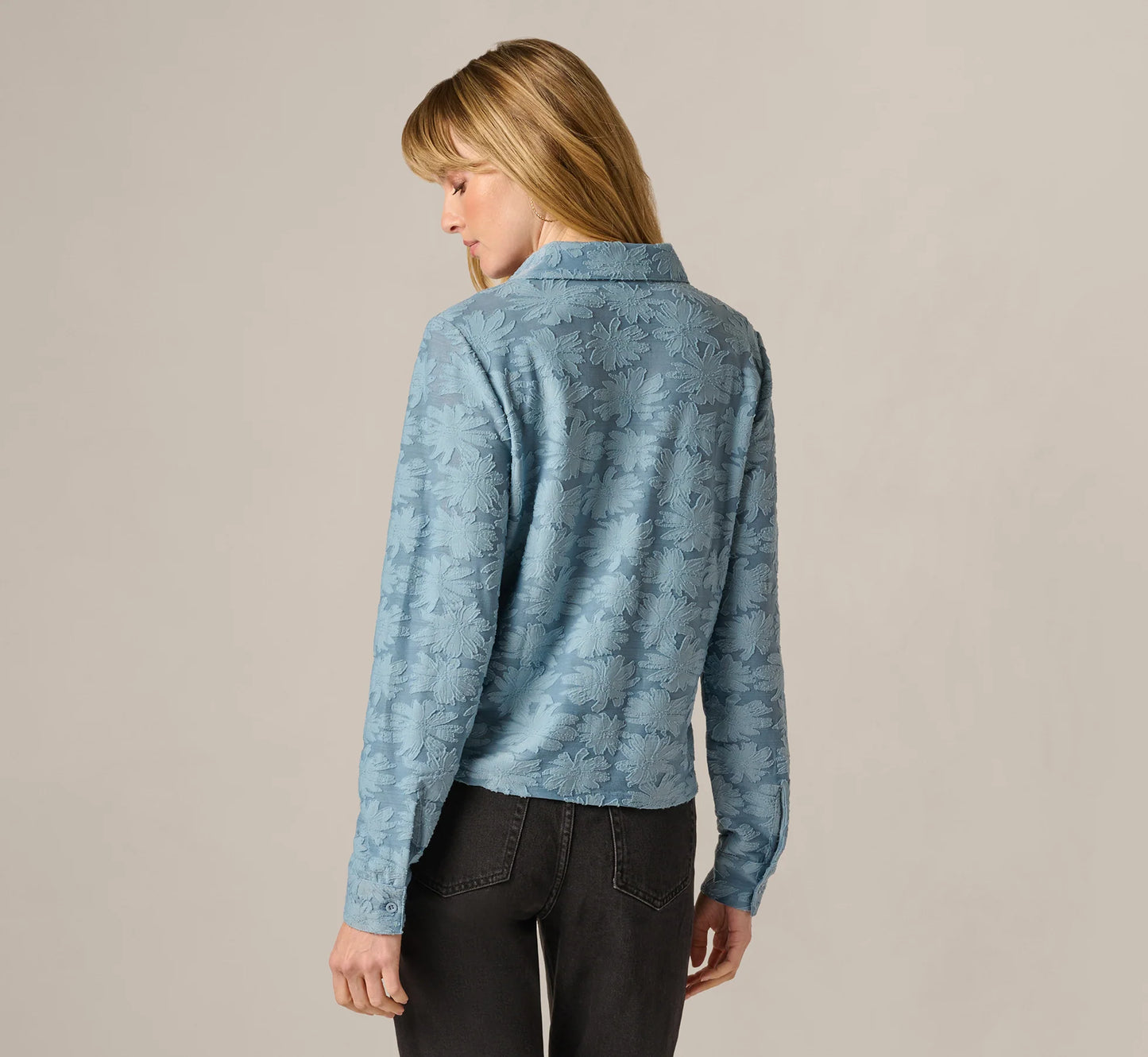 Long Sleeve Semisheer Burnout Floral Blouse In Stone Blue