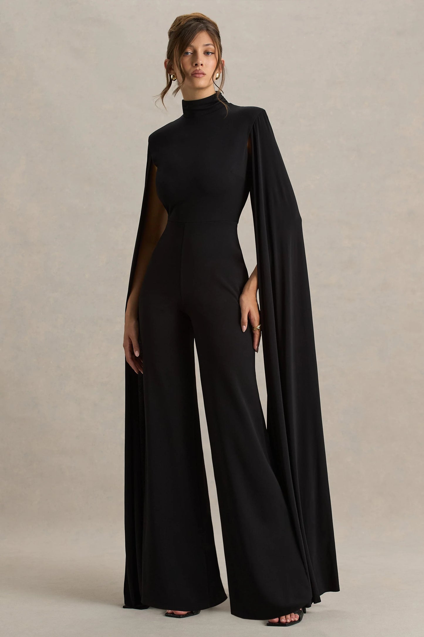 Dulcet Black High-Neck Jumpsuit With Cape Sleeves