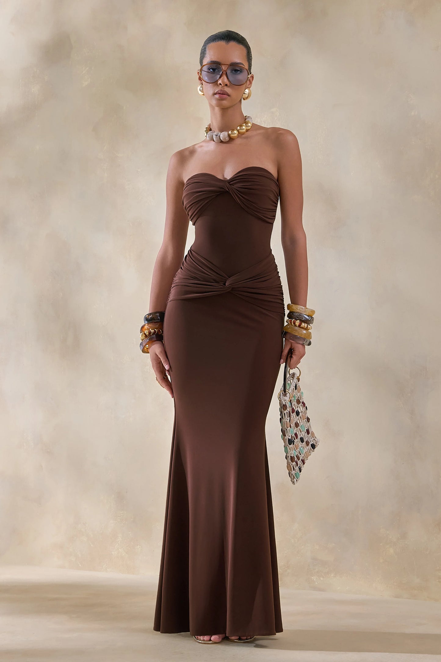 Elodia Brown Bandeau Maxi Dress With Gathered-Detailing