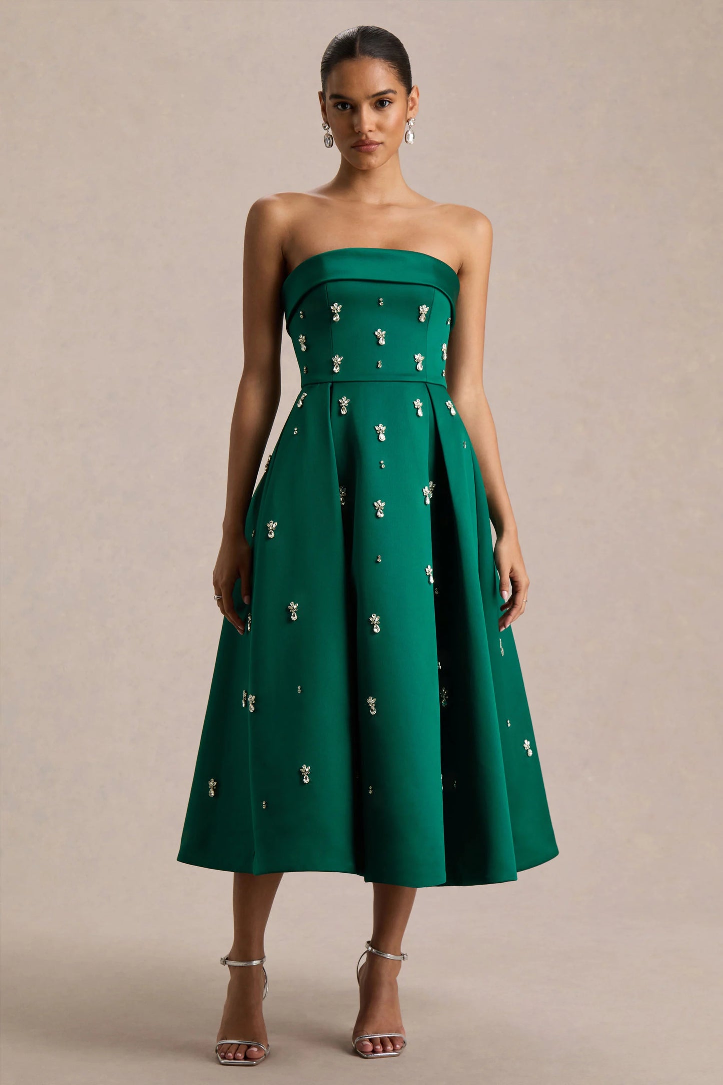 Sylvette Dark Green Satin Bandeau Skater Midi Dress