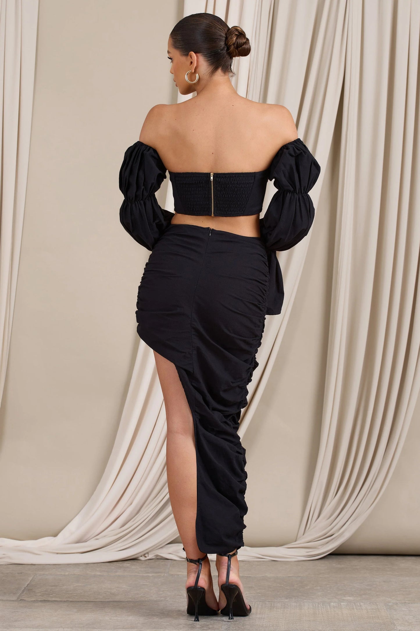 Holiday Black Ruched Asymmetric Maxi Skirt