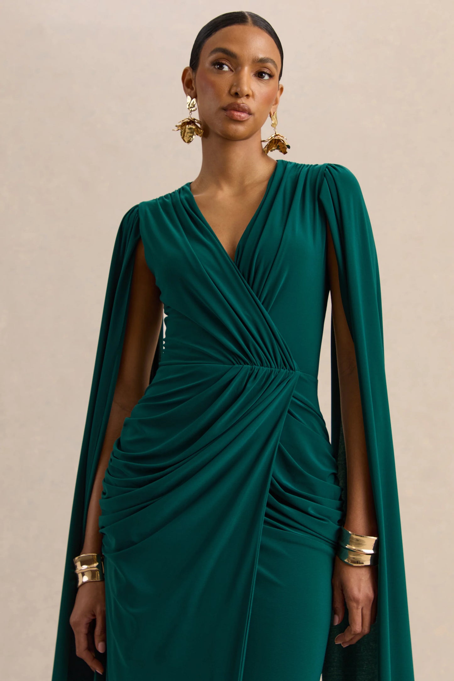 Ulissia Bottle Green V-Neck Maxi Dress With Cape-Sleeves