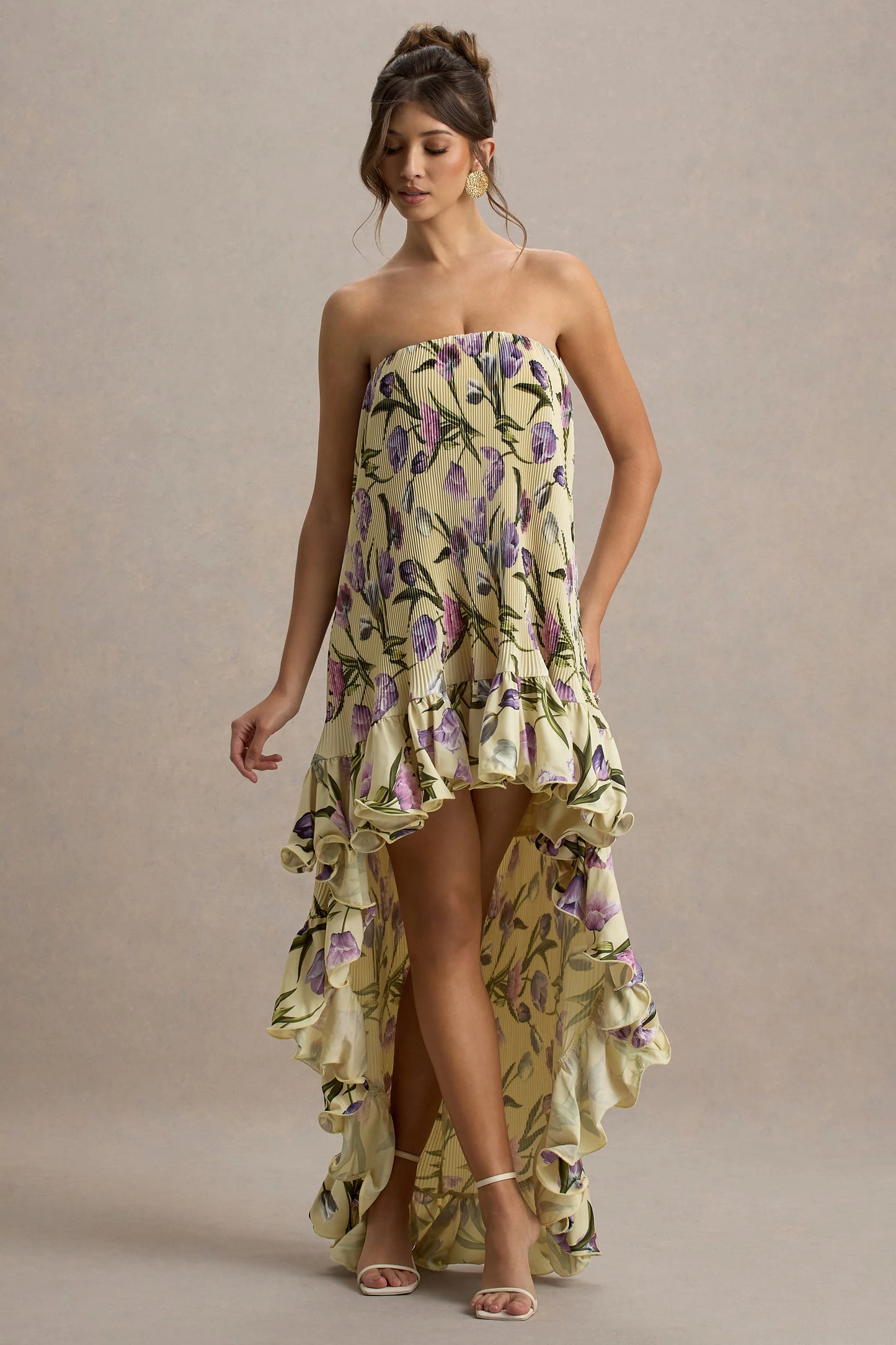 Whistler Tulip Floral Print Chiffon Bandeau High-Low Ruffled Maxi Dress