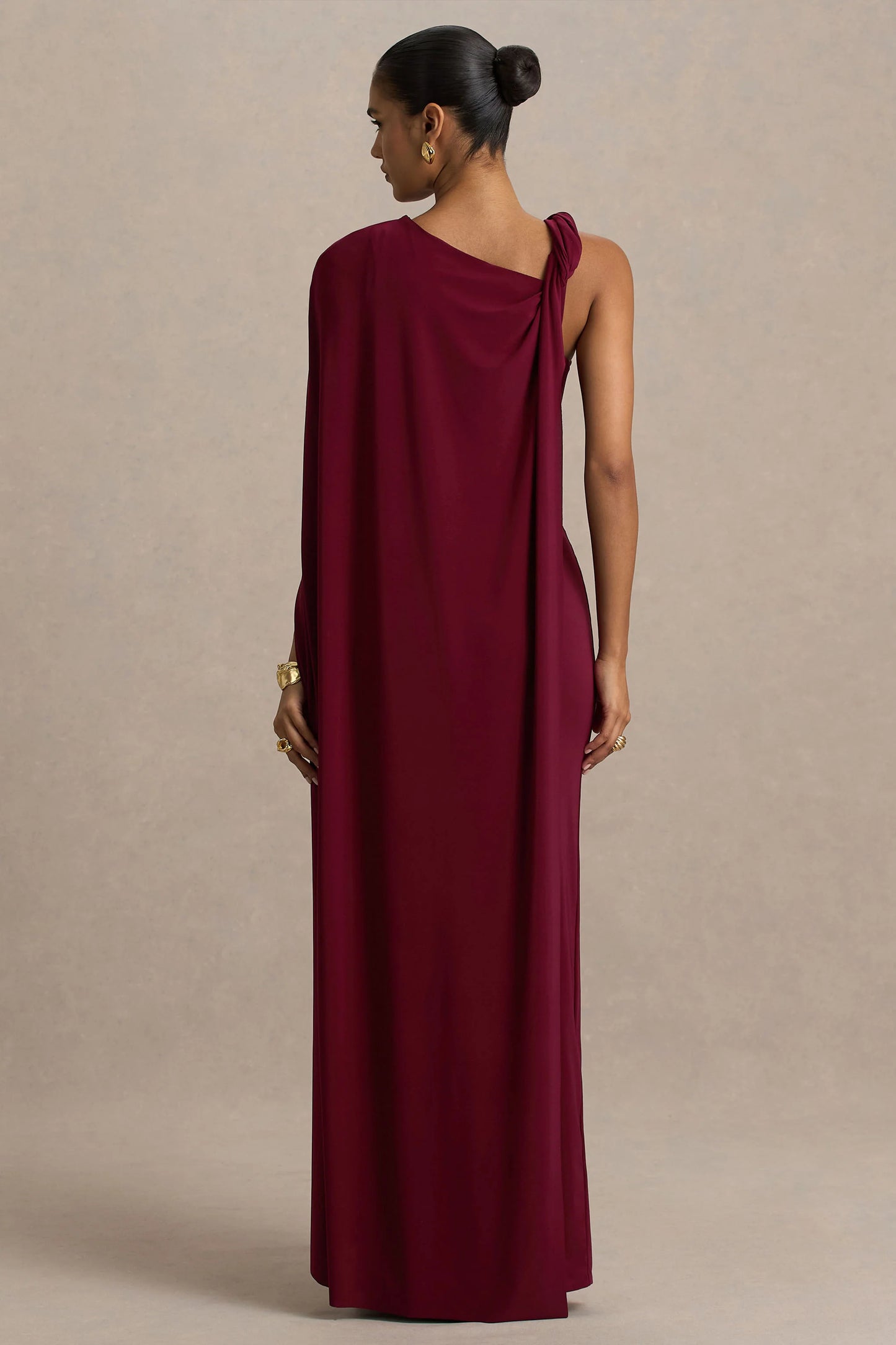 Cressida Burgundy Asymmetric-Neck Maxi Dress With Cape And Gold Detail