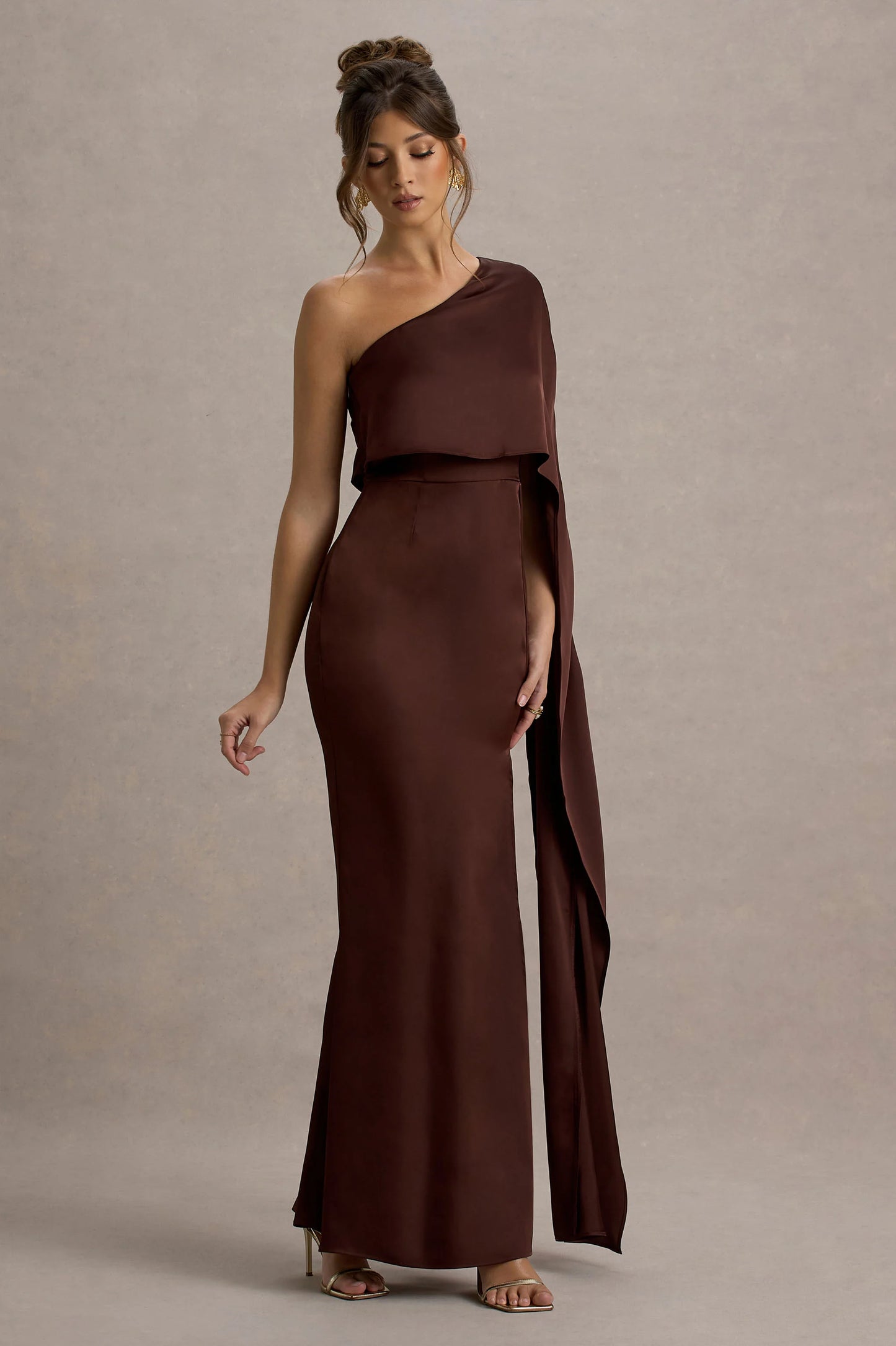 Amora Brown Satin Asymmetric Cape-Sleeve Split Maxi Dress