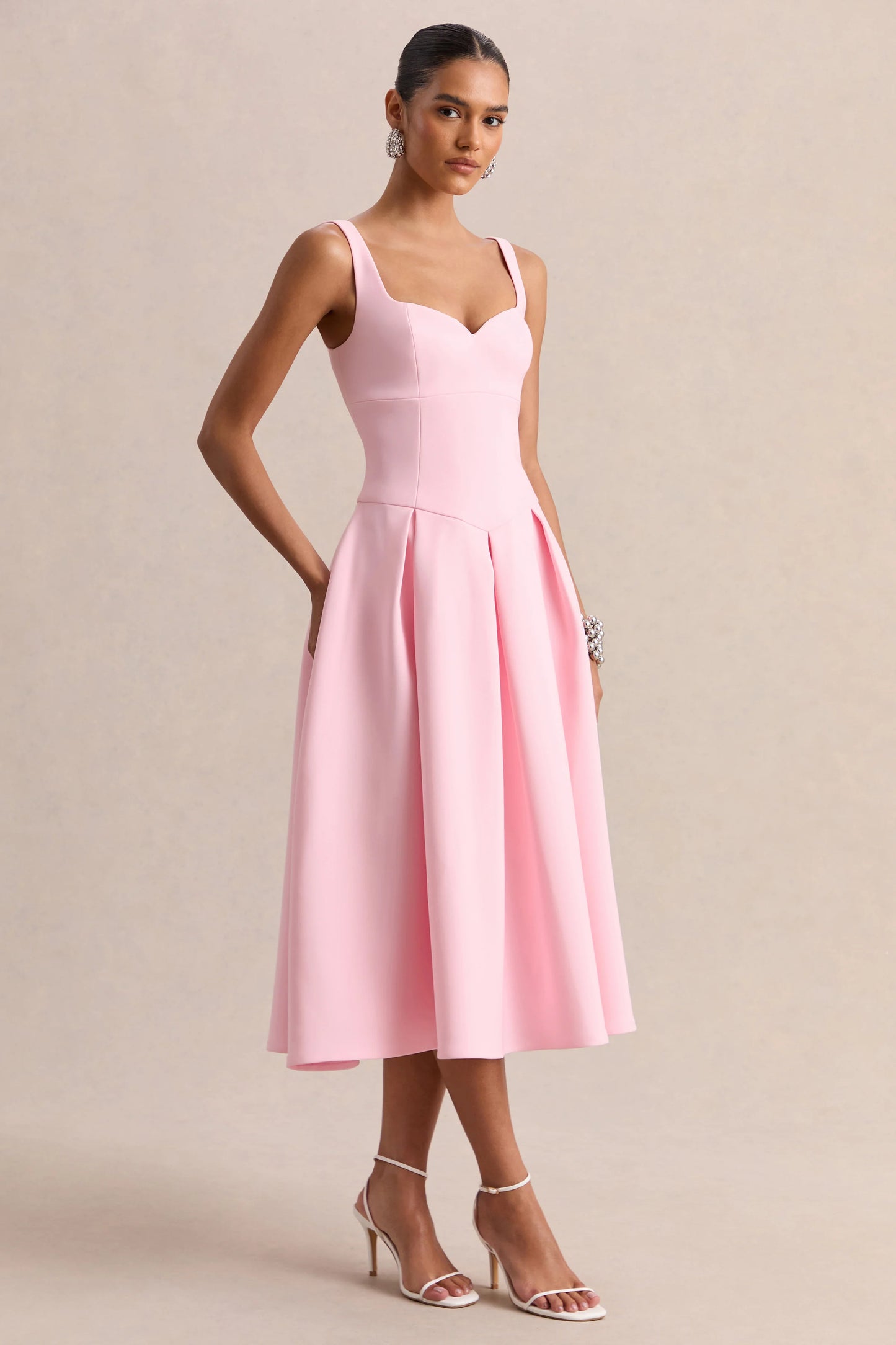 Greta Light Pink Sweetheart-Neck Midi Dress