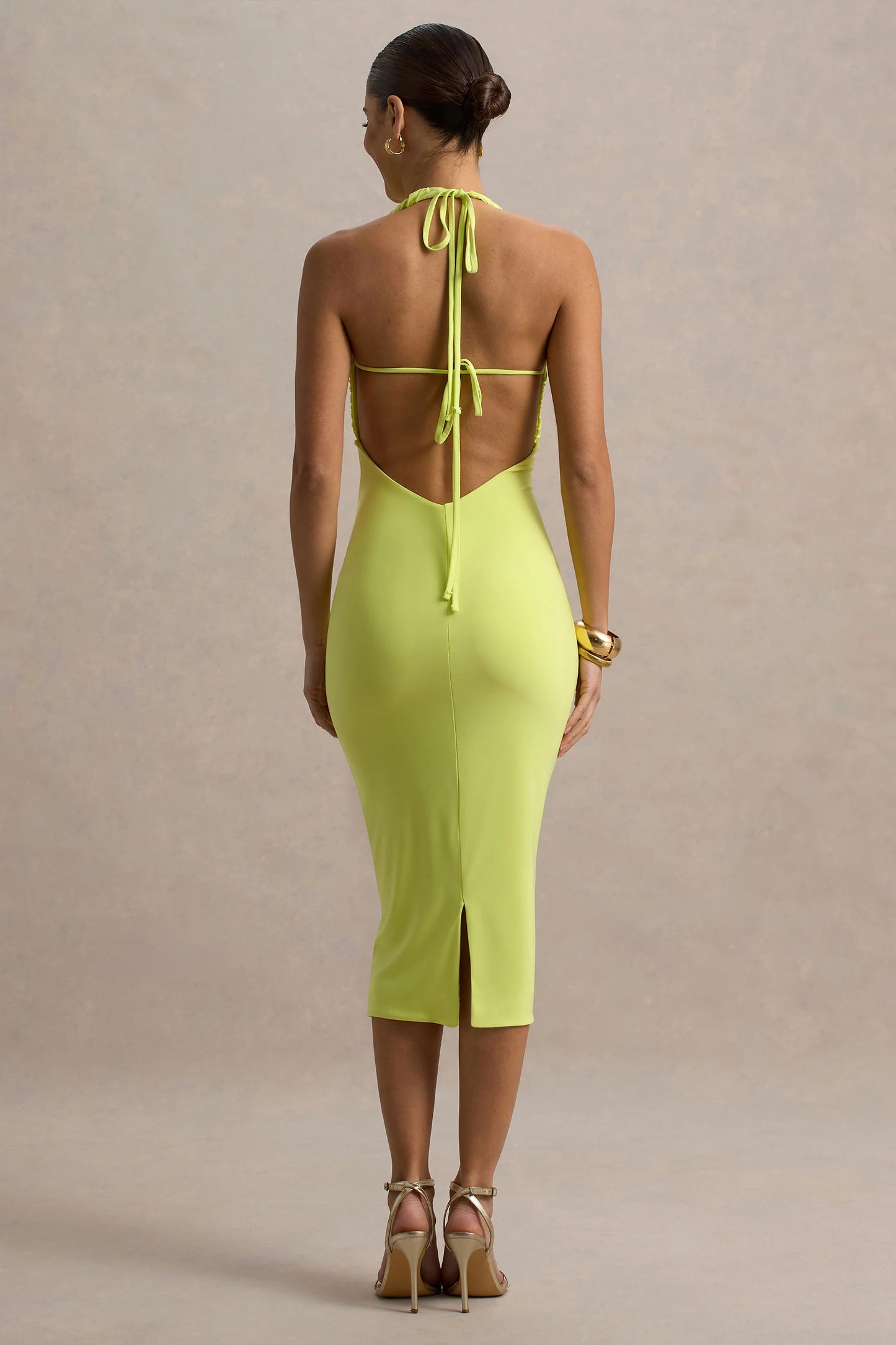 Anaisa Lime Green Plunge Halter-Neck Midi Dress