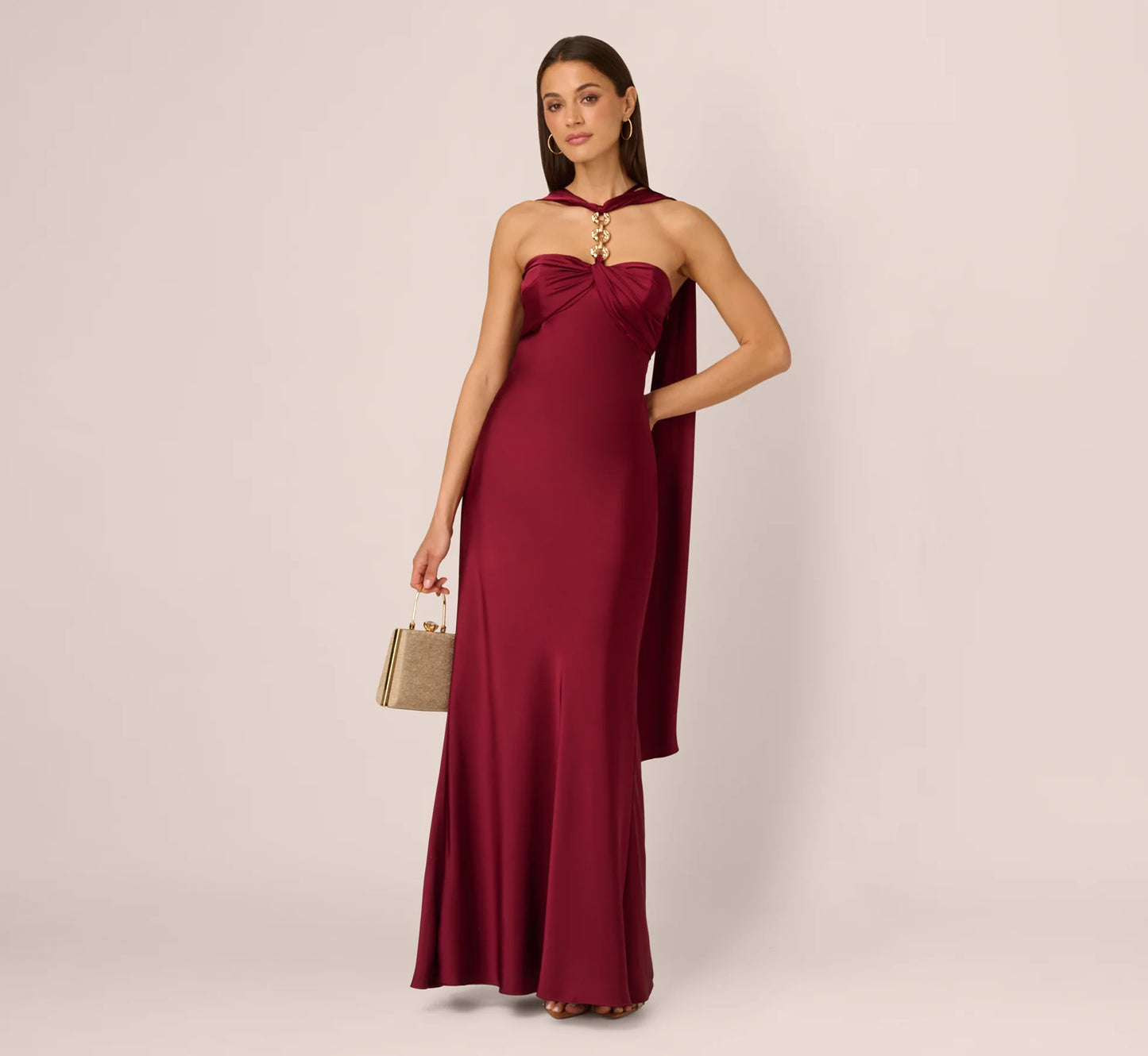 Strapless Scarf Chain Satin Dress In Crimson Haze