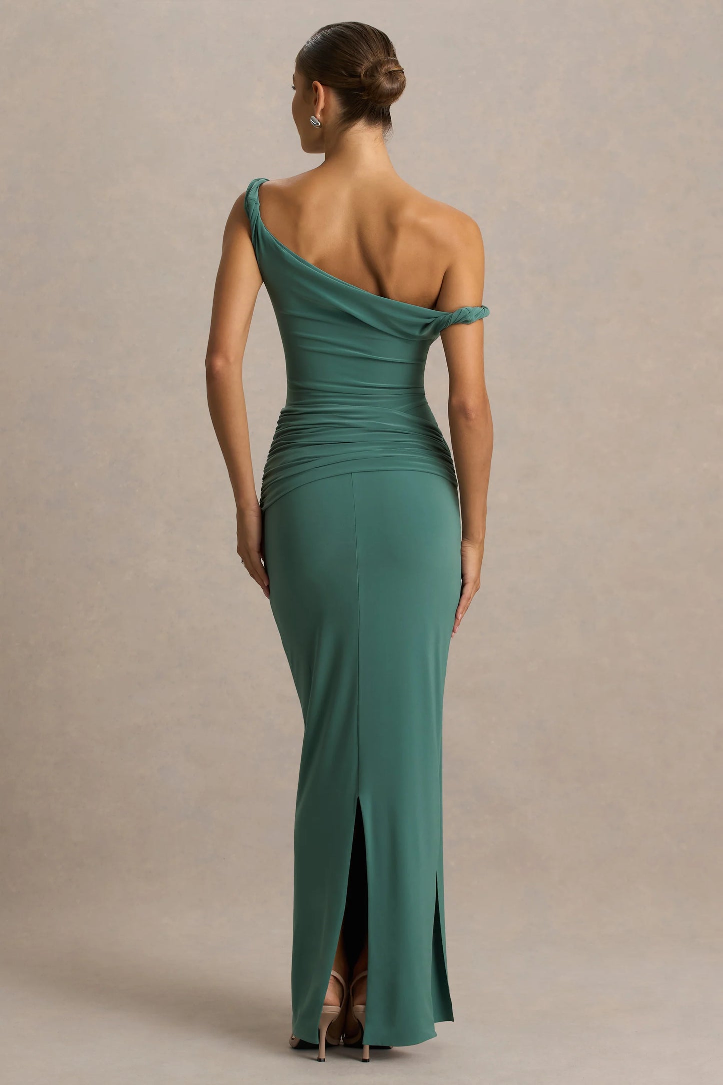 Tulisa Green Asymmetric-Neck Maxi Dress With Twist Sleeves And Ruched Detailing