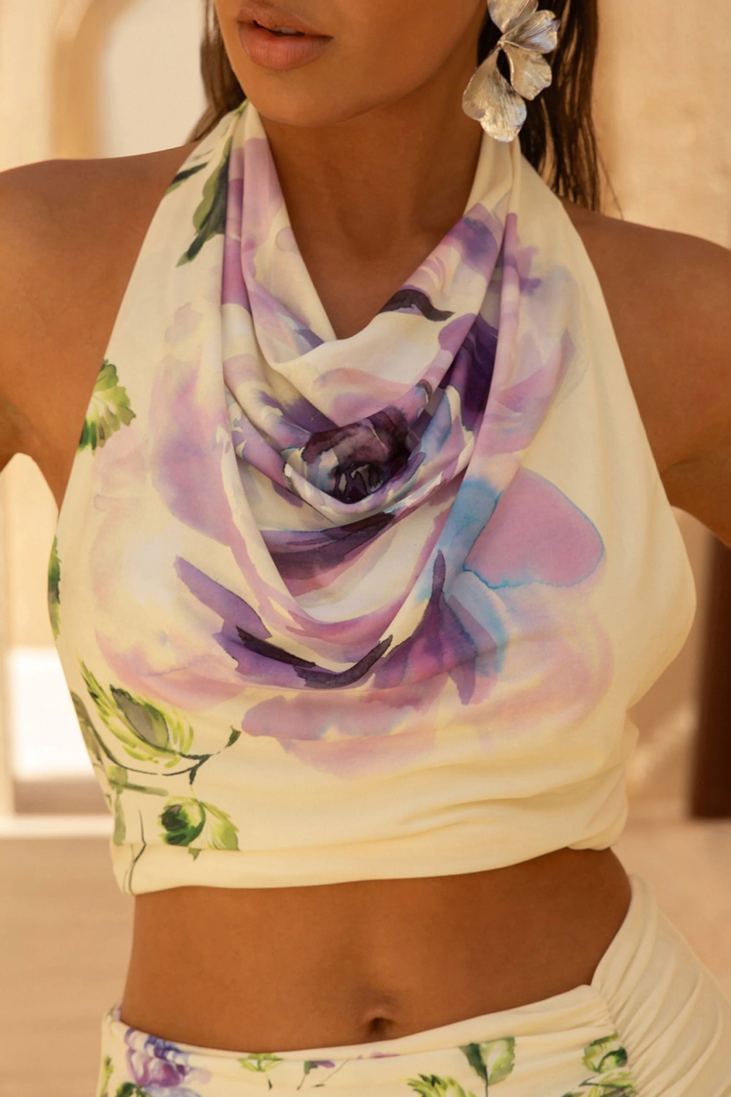 Calla Lilac Floral Placement Print High-Neck Crop-Top