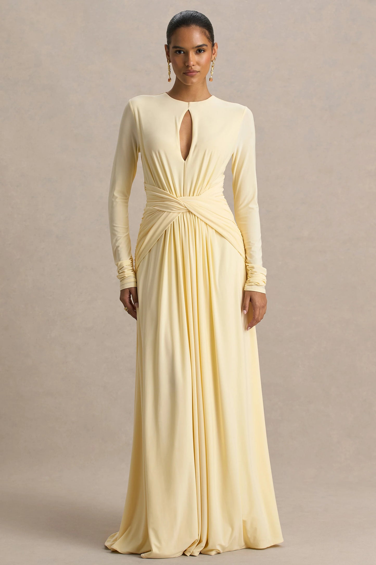 With Me Lemon High-Neck Maxi Dress With Ruched Detailing
