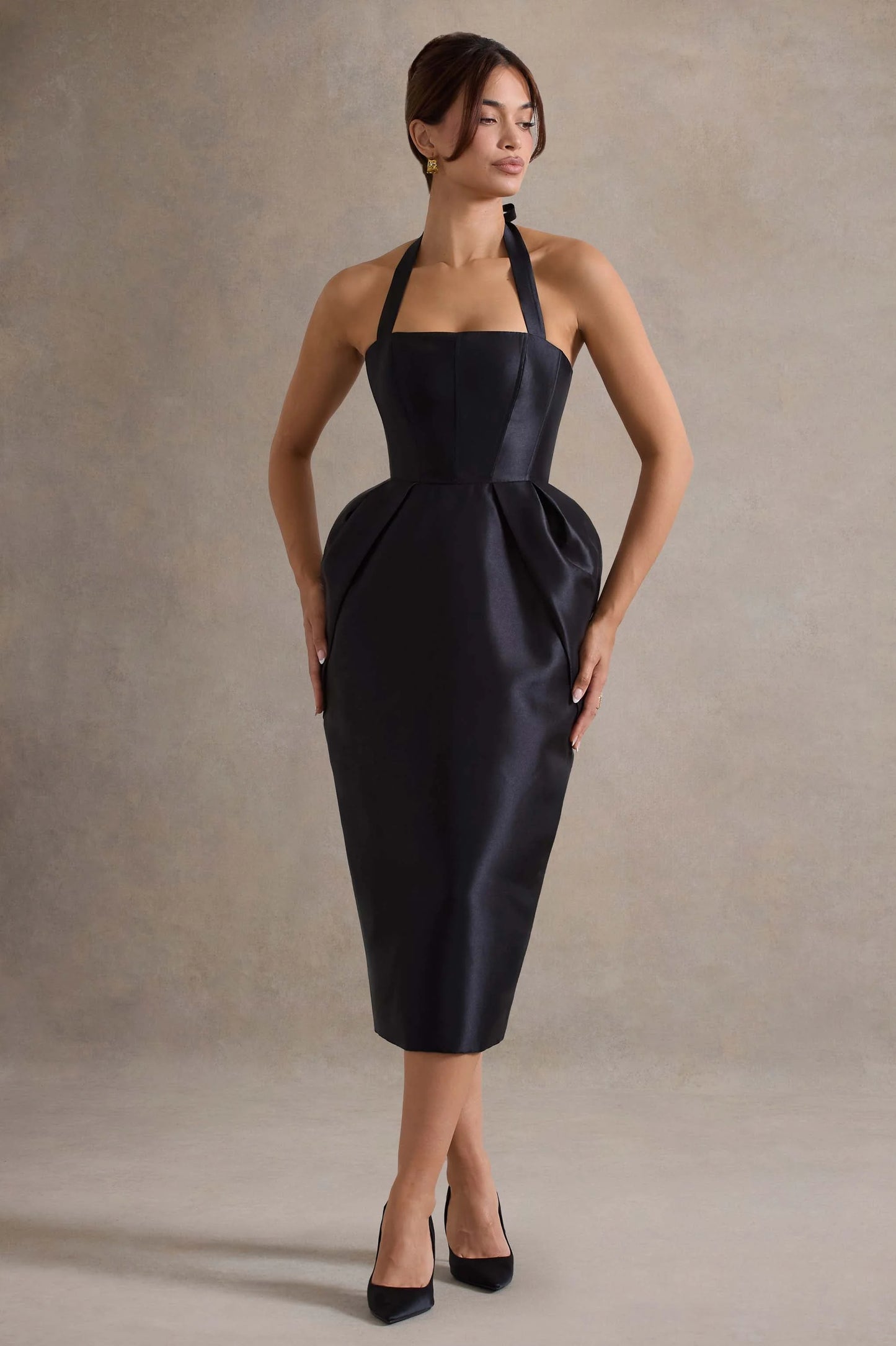 Cosetta Black Halter-Neck Midi Dress With Tulip Skirt