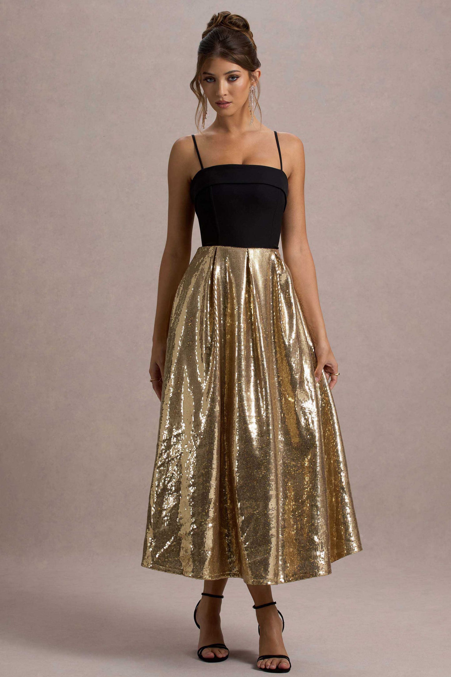 Nicci Black & Gold Strappy Midi Dress With Sequin Skirt