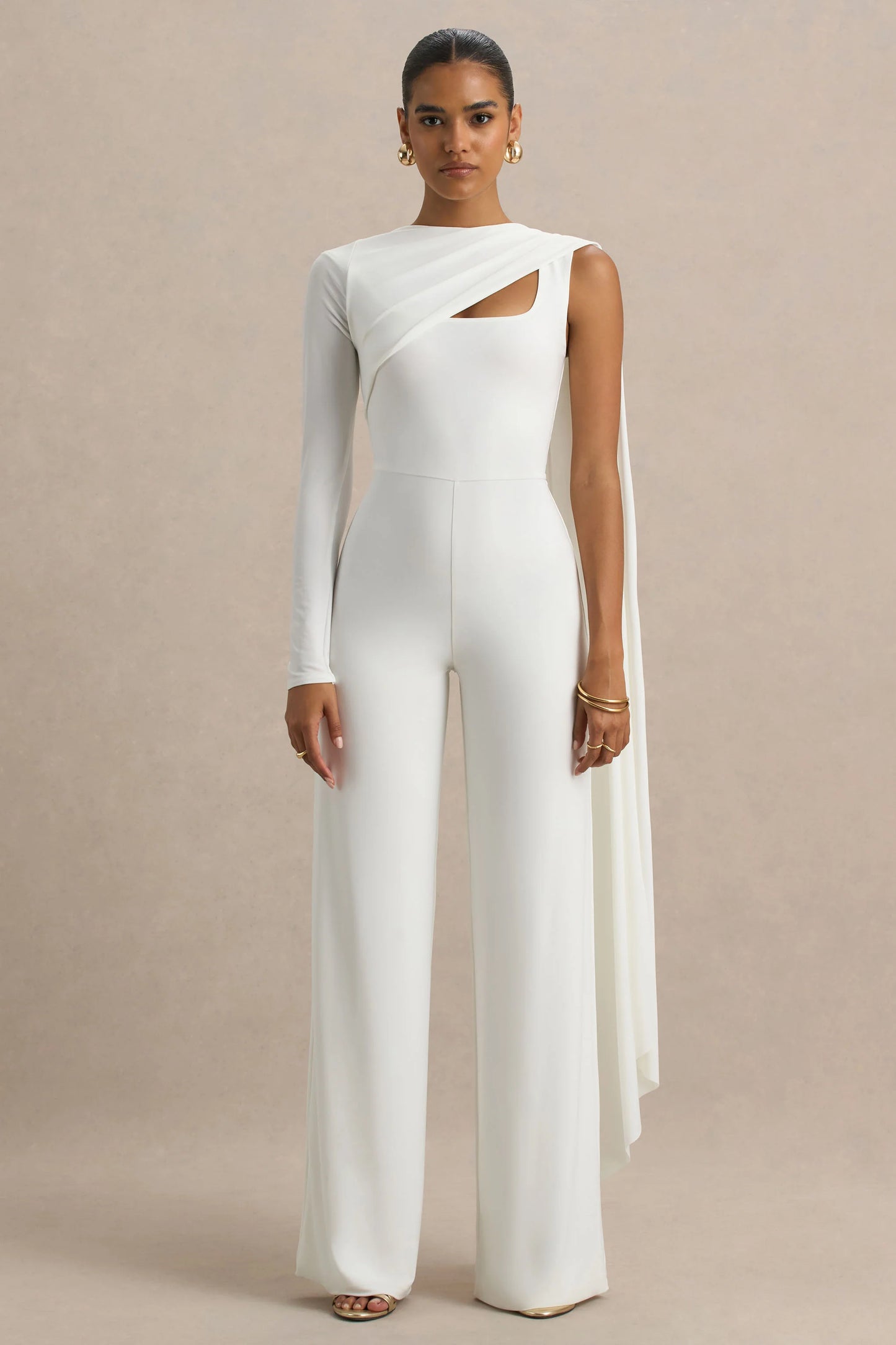 Graces White High-Neck Jumpsuit With Cape Sleeve