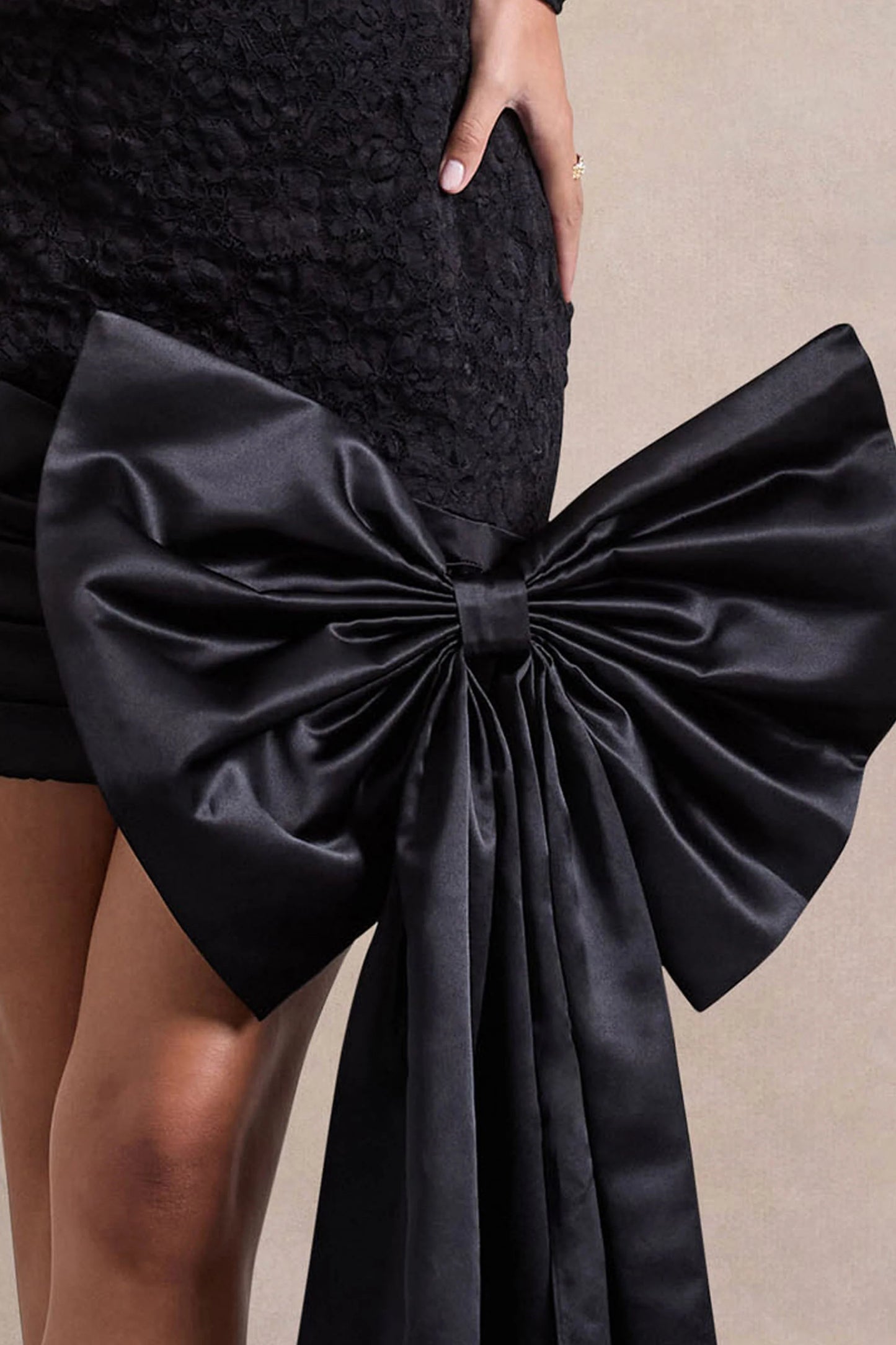 Evry Black Lace Long-Sleeve Mini Dress With Oversized Satin Bow