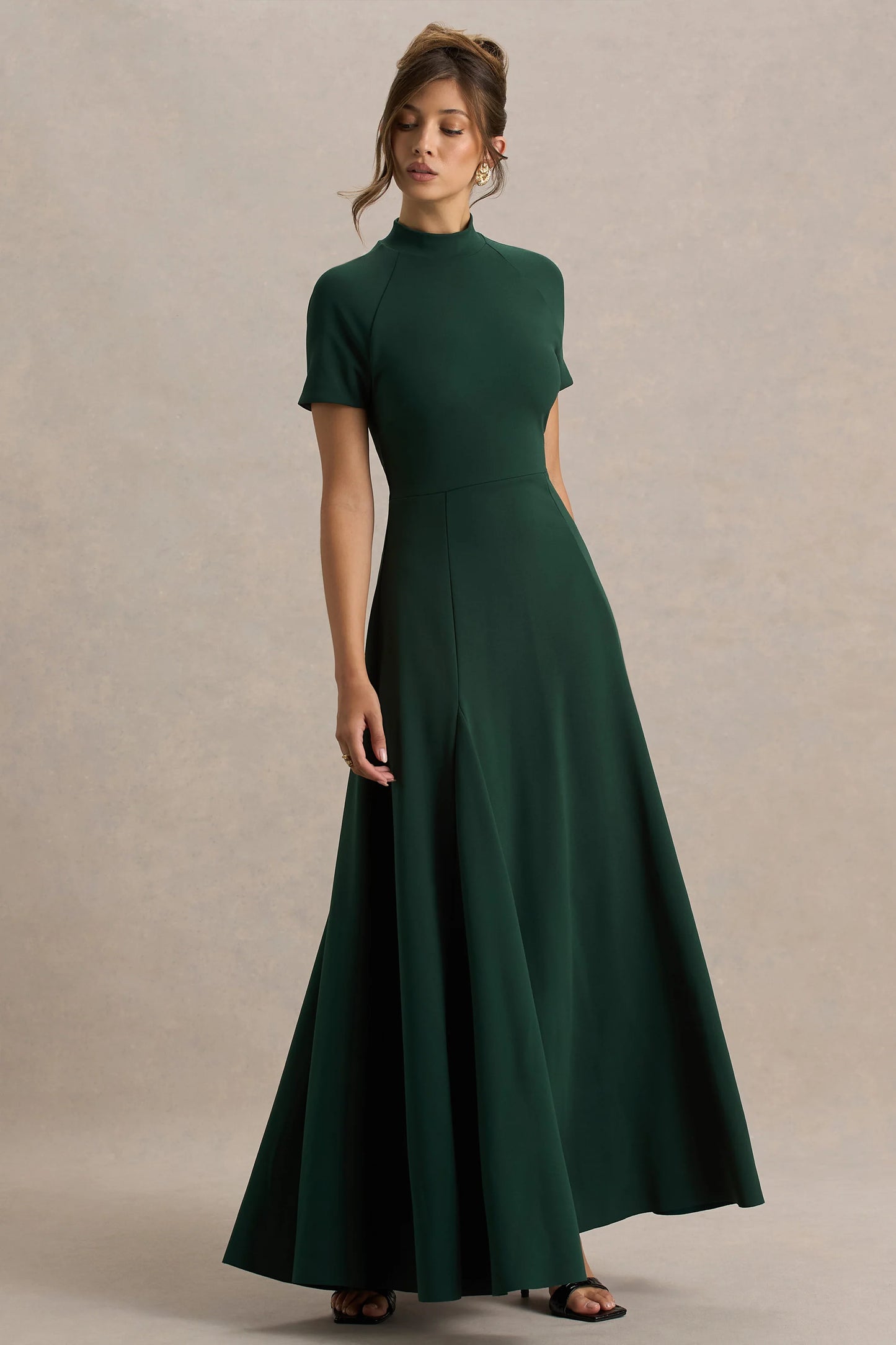 Alea Dark Green High-Neck Short-Sleeve Maxi Dress
