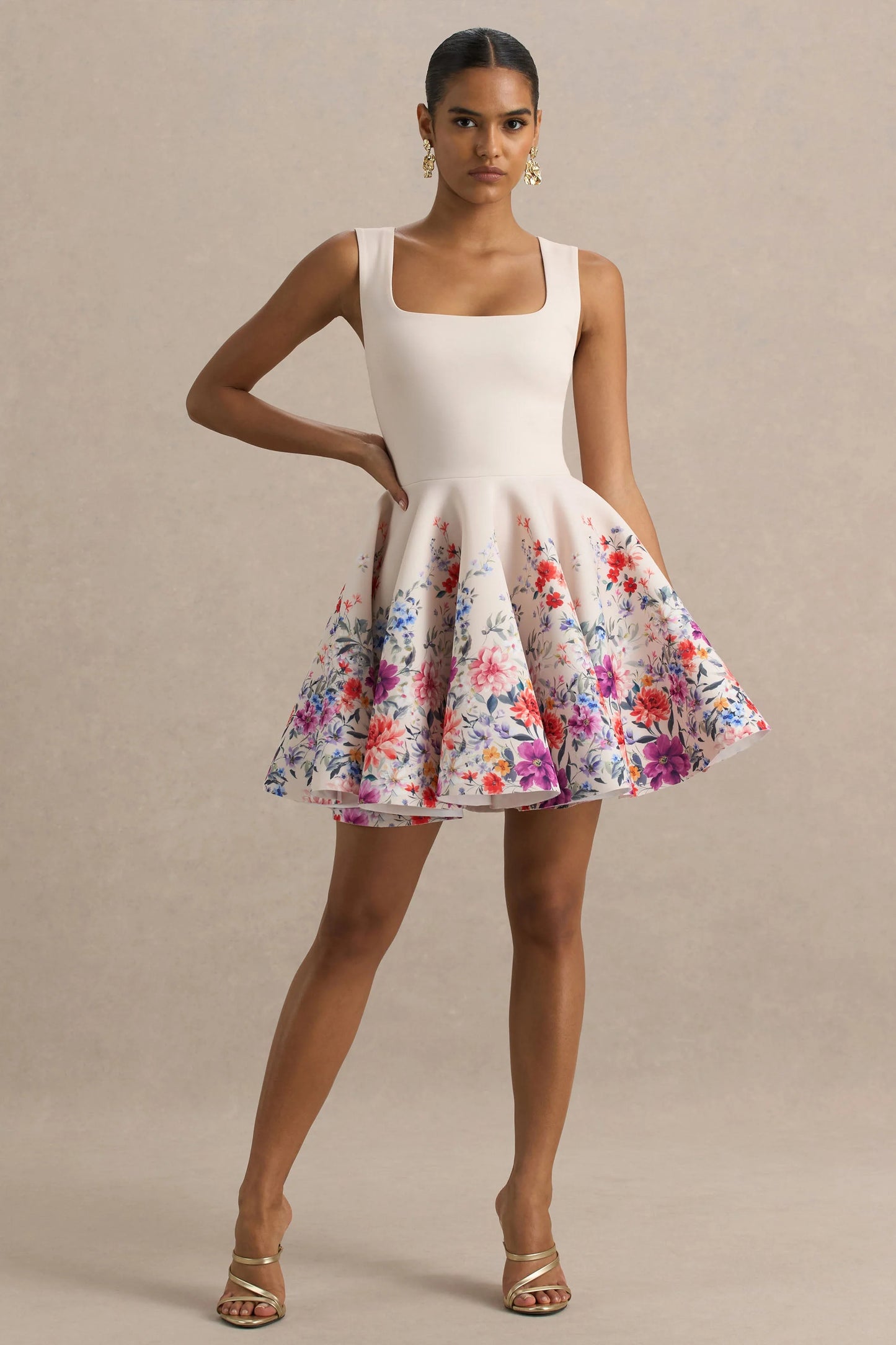 Gemstone Light Pink Floral Print Square-Neck Skater Mini Dress