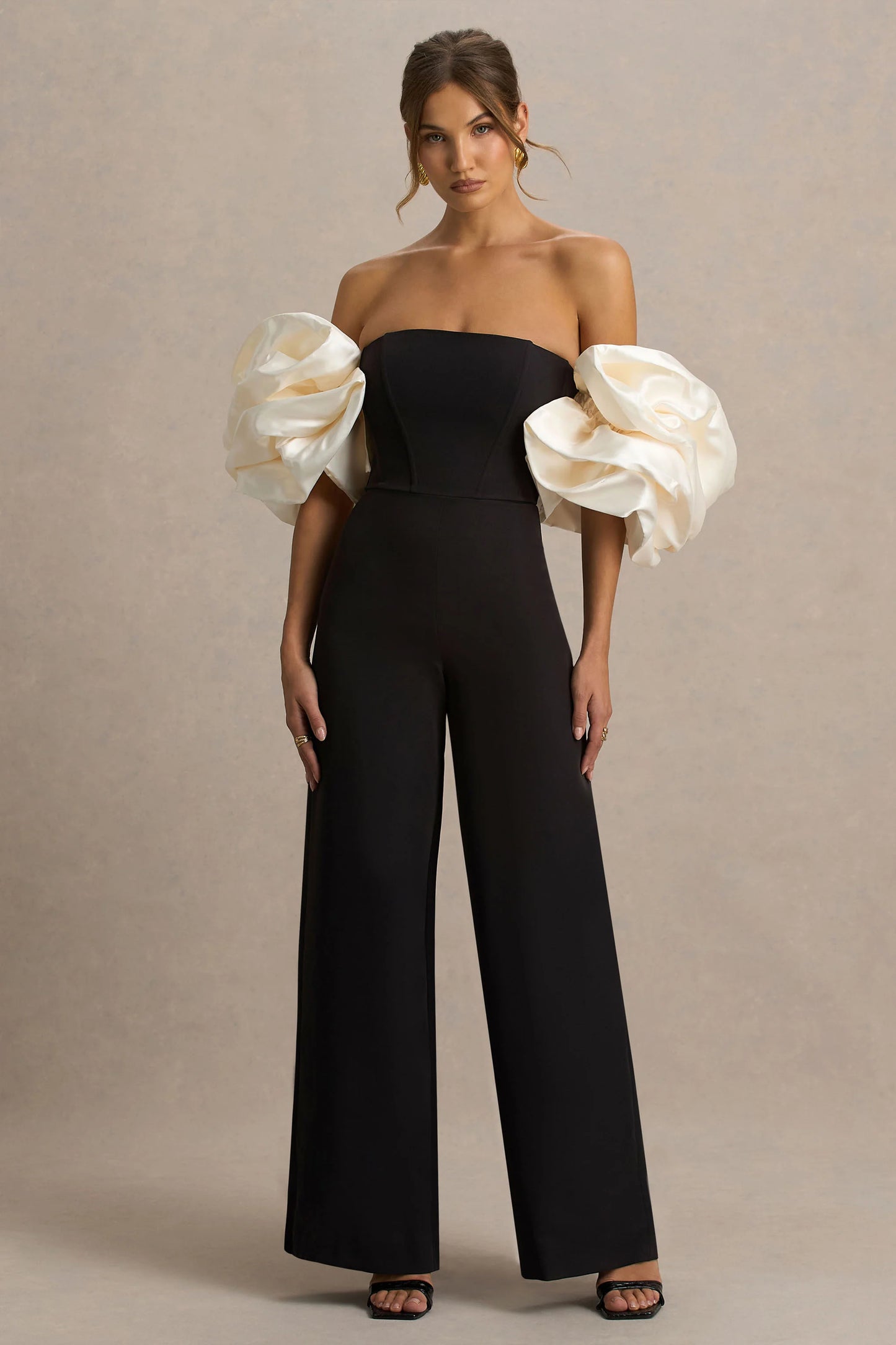 Panama Black Bardot Jumpsuit With Cream Puff Sleeves