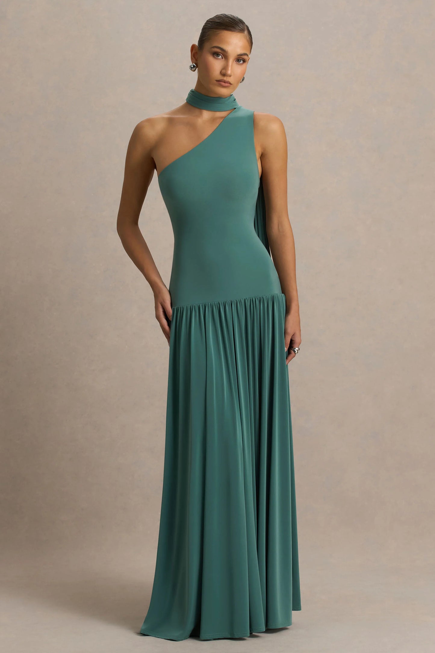 Freesia Teal Asymmetric-Neck Maxi Dress With Scarf-Detail