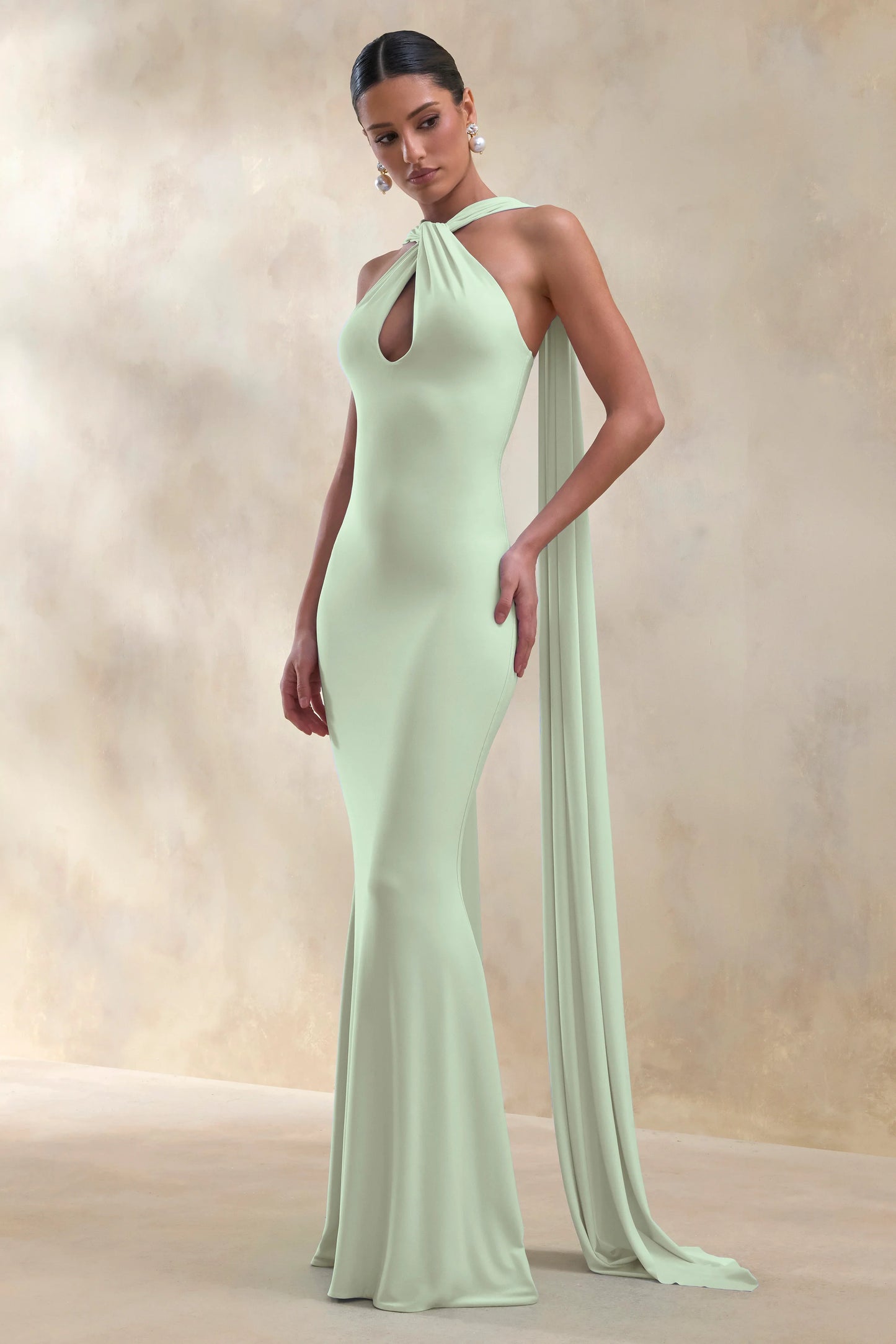 Rhoda Mint Twist Halter-Neck Cape Maxi Dress