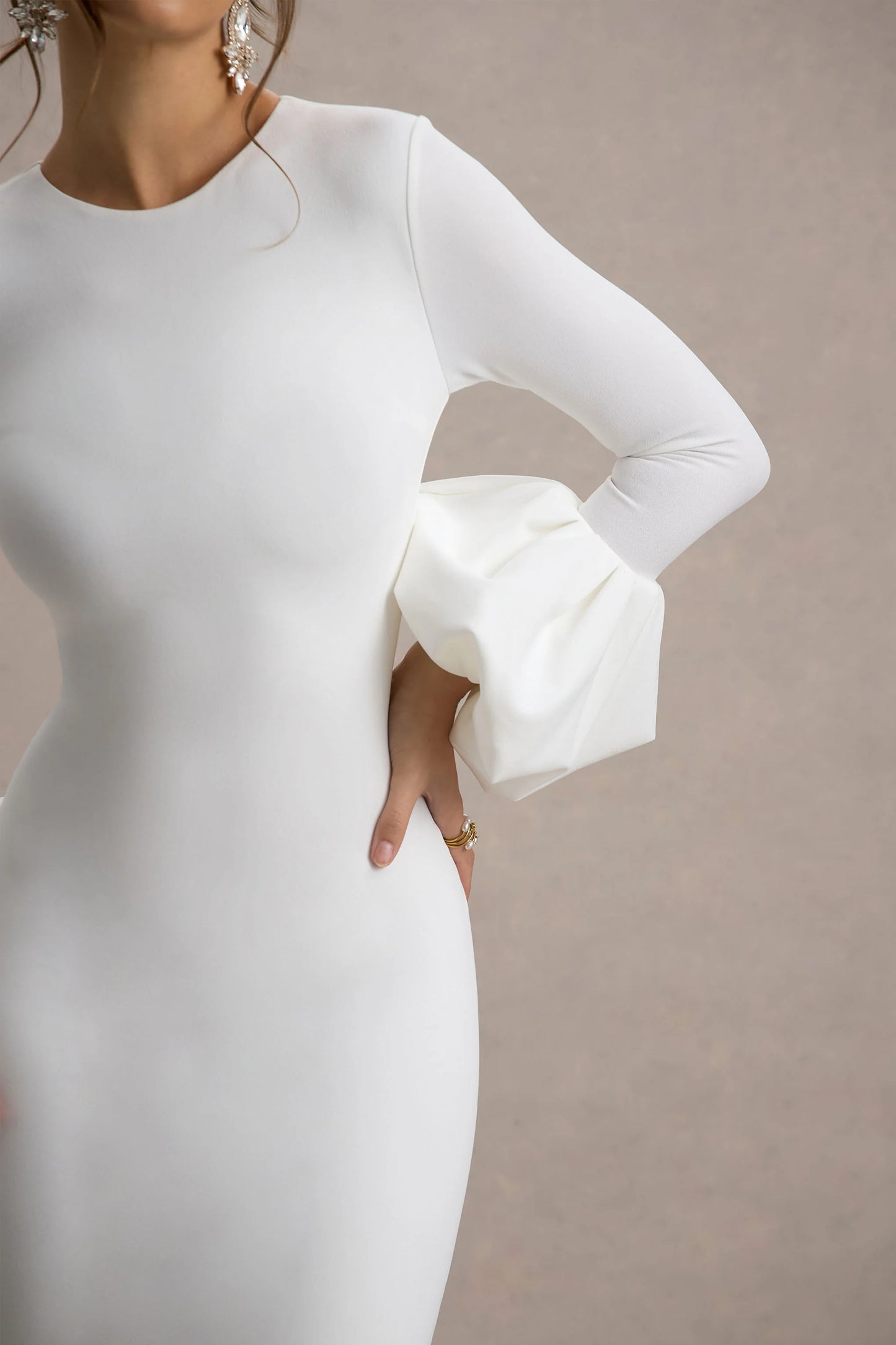 Celie White Long-Sleeve Midi Dress With Puff Cuffs
