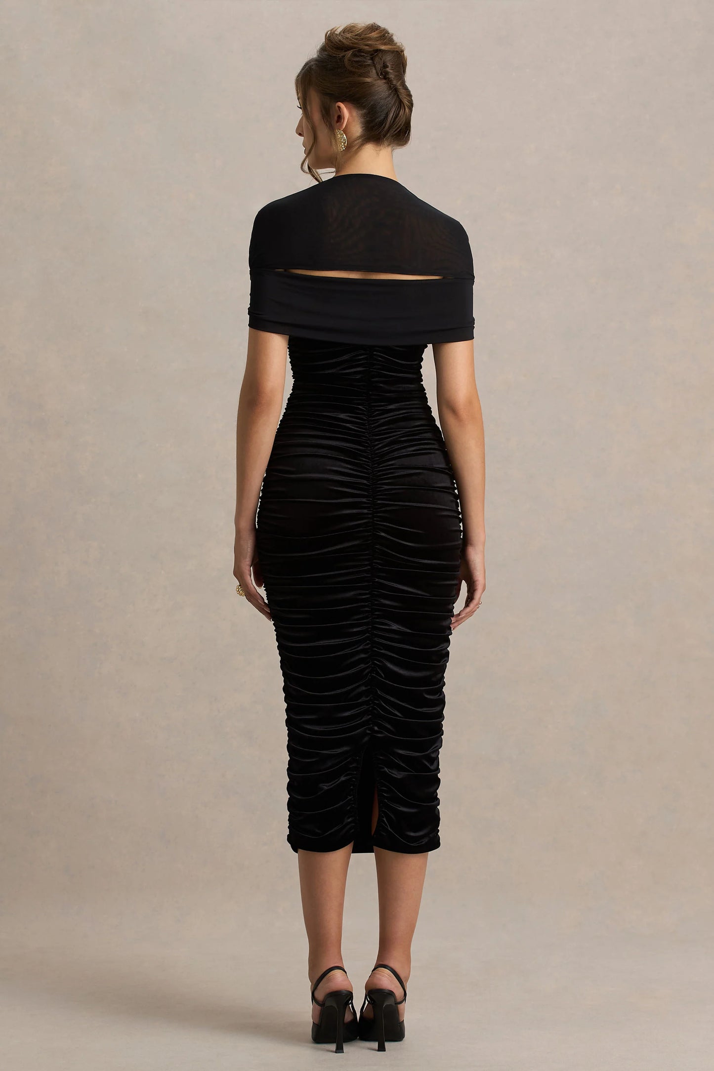 Chrissy Black Velvet Square-Neck Midi Dress With Mesh-Sleeves And Ruched Detailing