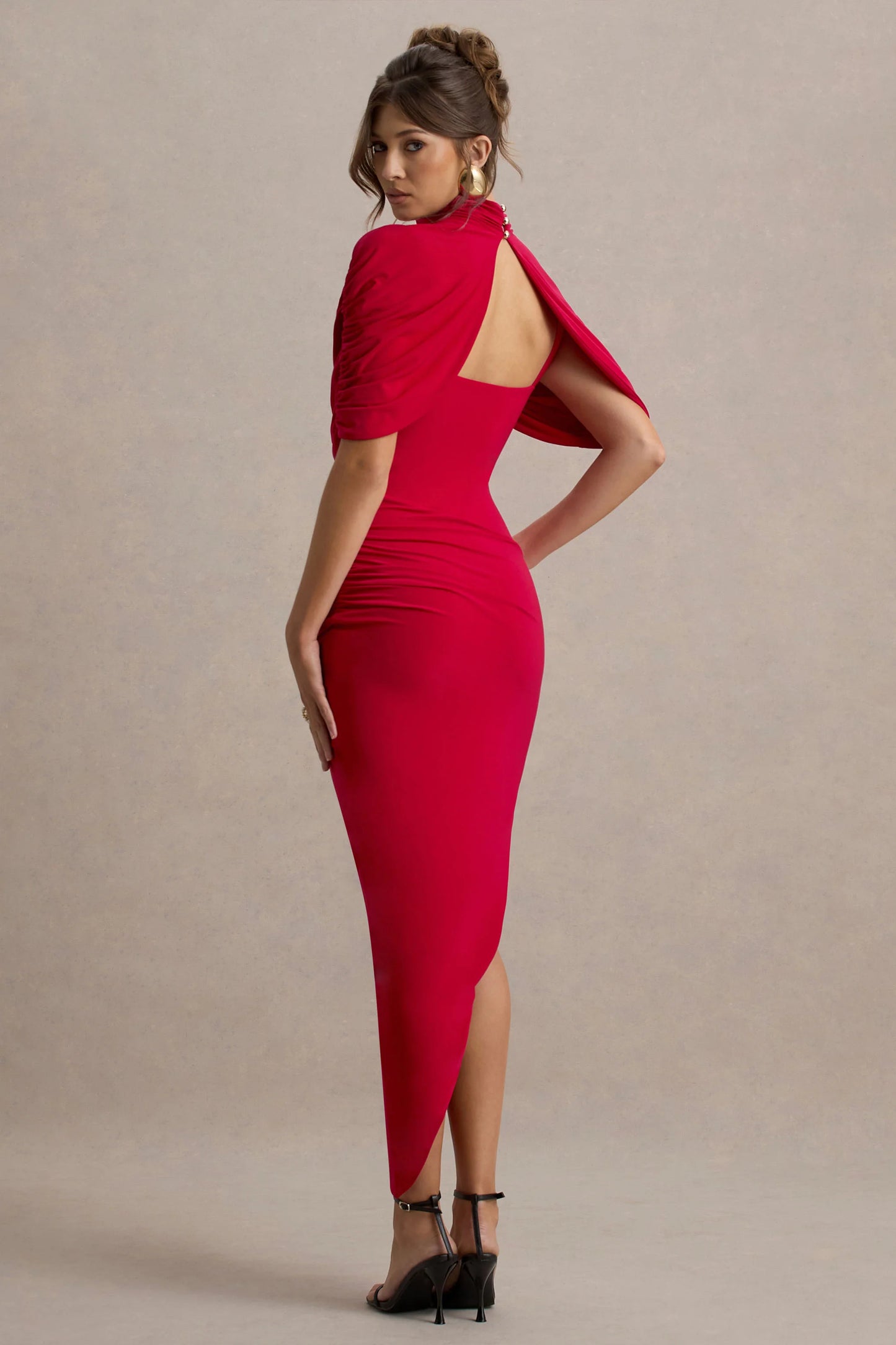 Enchant Red Asymmetric Twisted Cape Midi Dress
