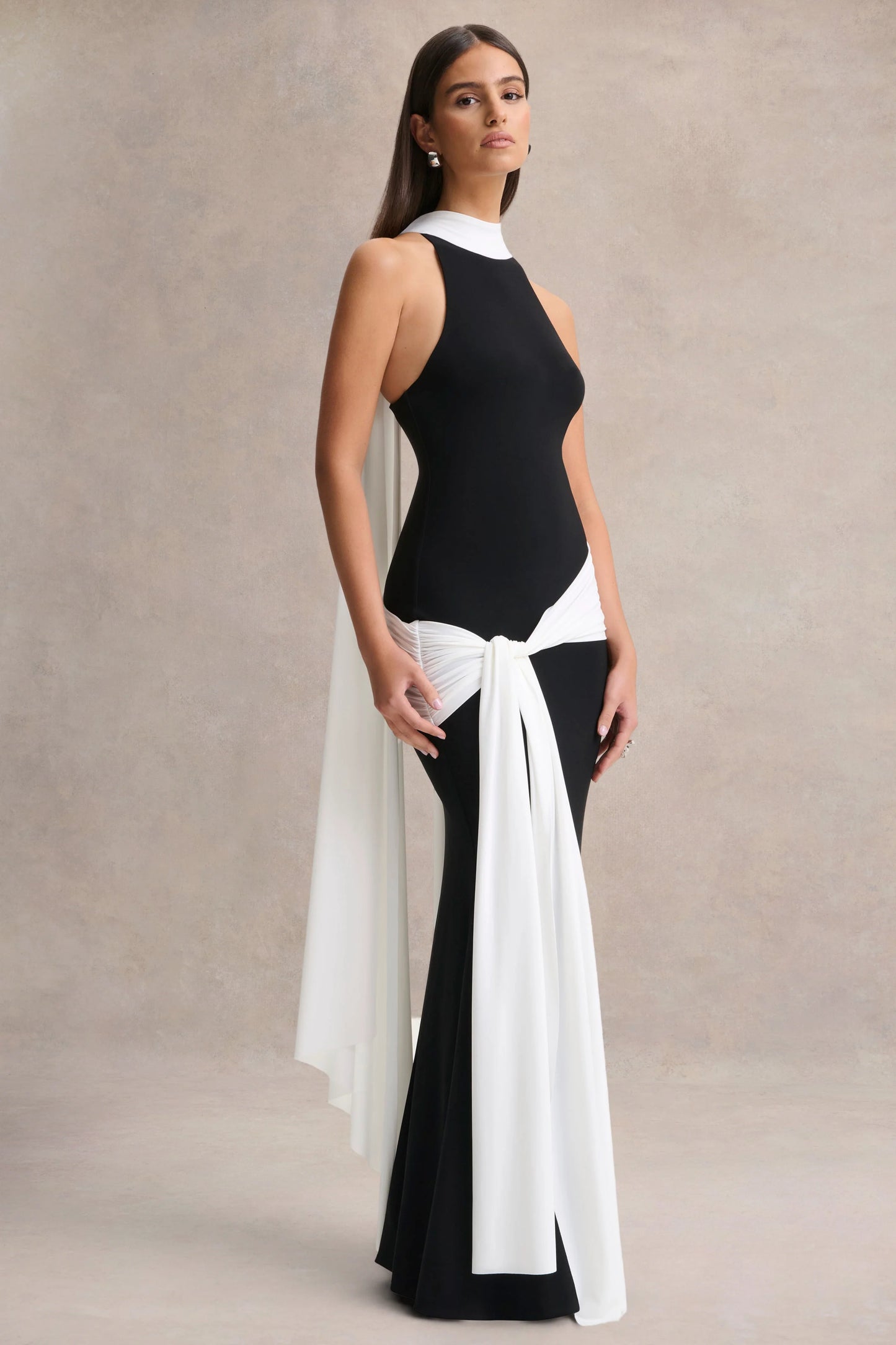 Dorinda Black And White High-Neck Maxi Dress With Drape And Scarf-Detail