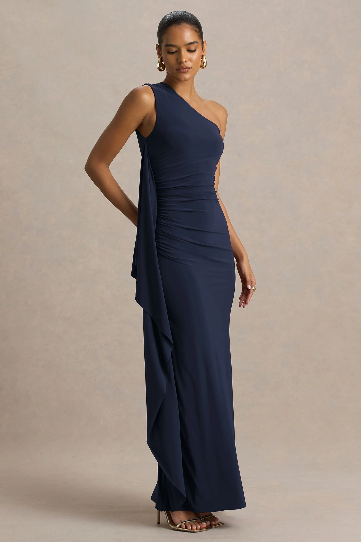 Adelina Navy One-Shoulder Maxi Dress With Drape