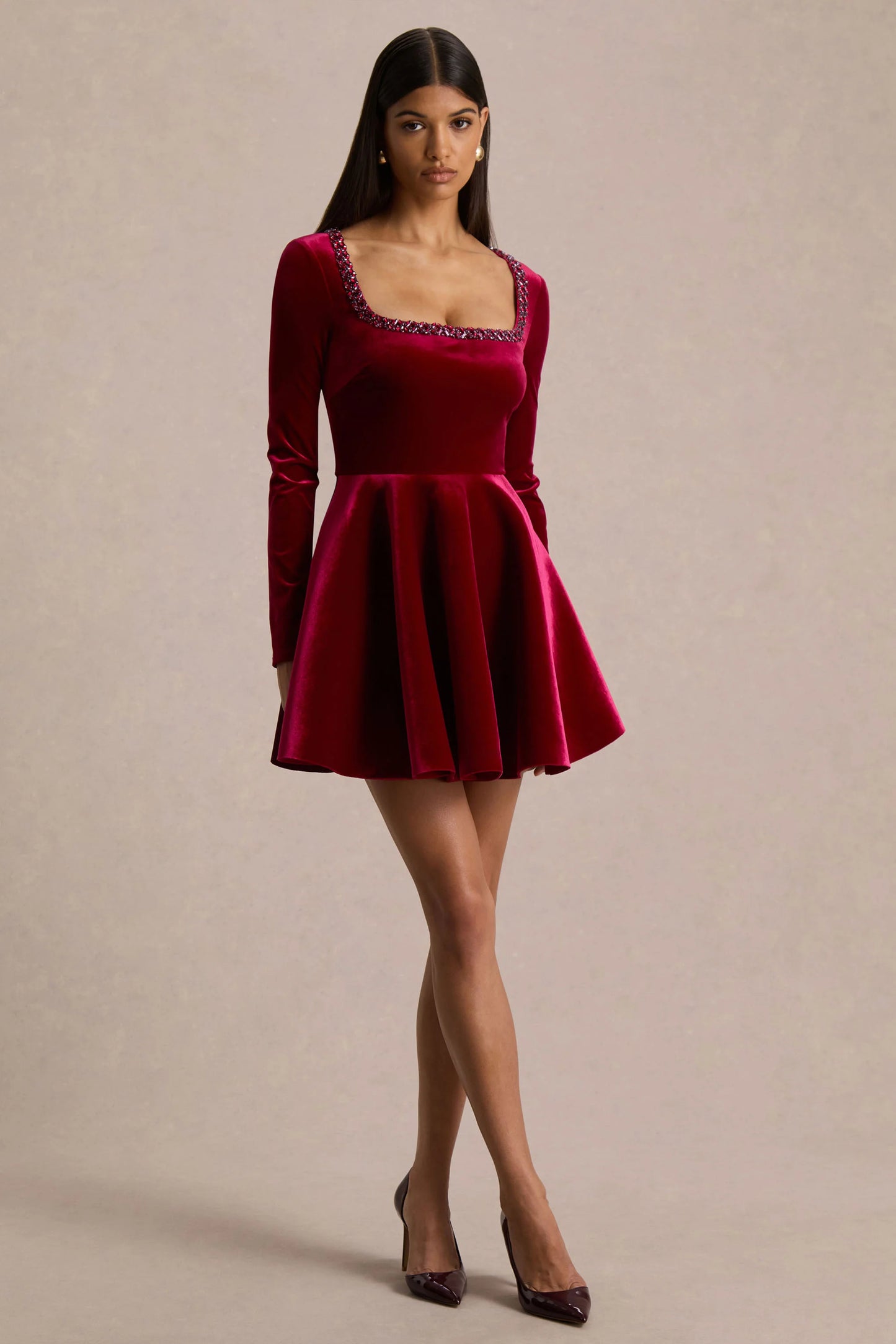 Beloved Red Velvet Hand-Embellished Square-Neck Mini Dress