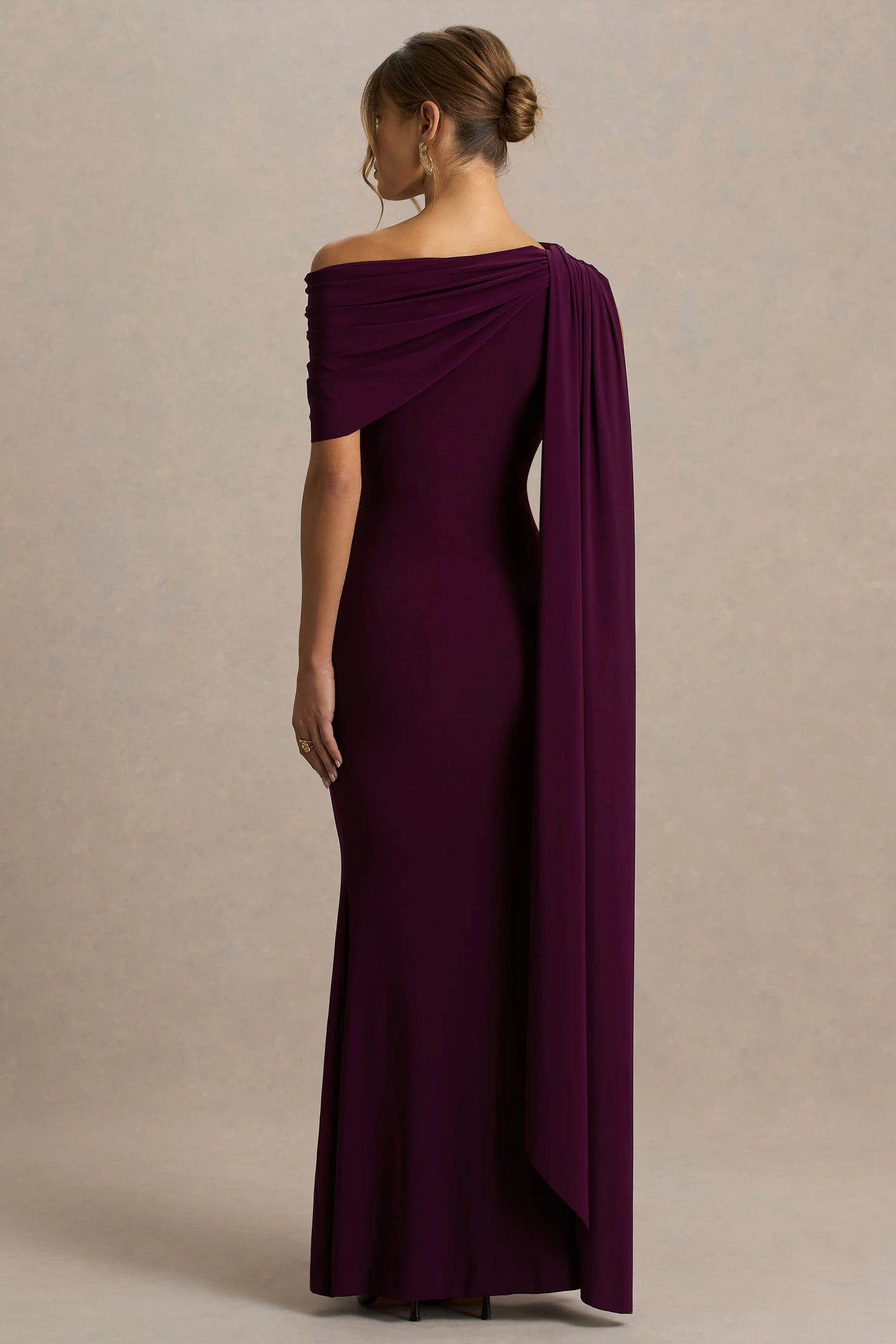 Tiana Dark Plum Asymmetric-Neck Maxi Dress With Draped Detail