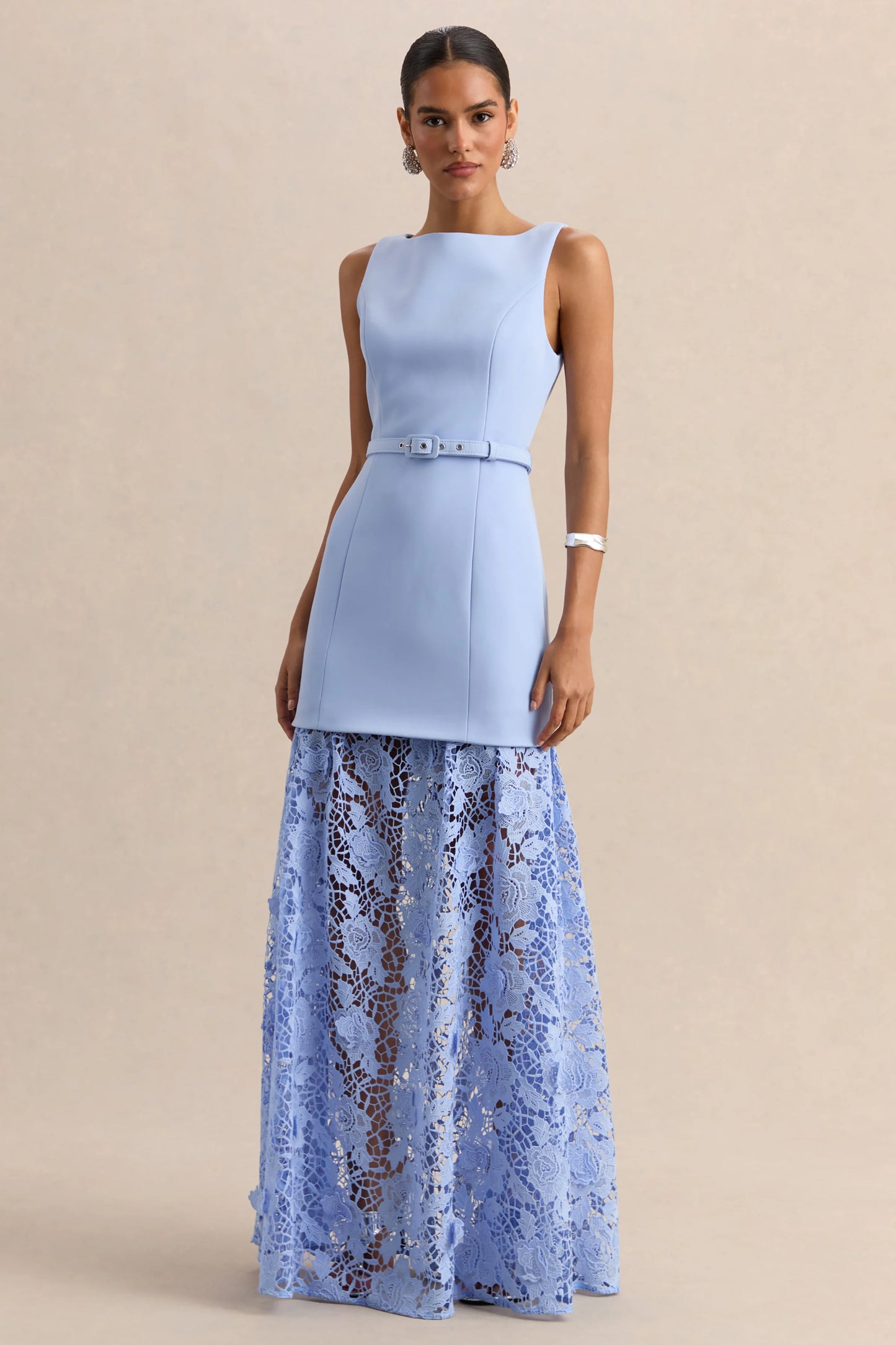 Verena Powder Blue Boat-Neck Belted Maxi Dress With Lace Skirt
