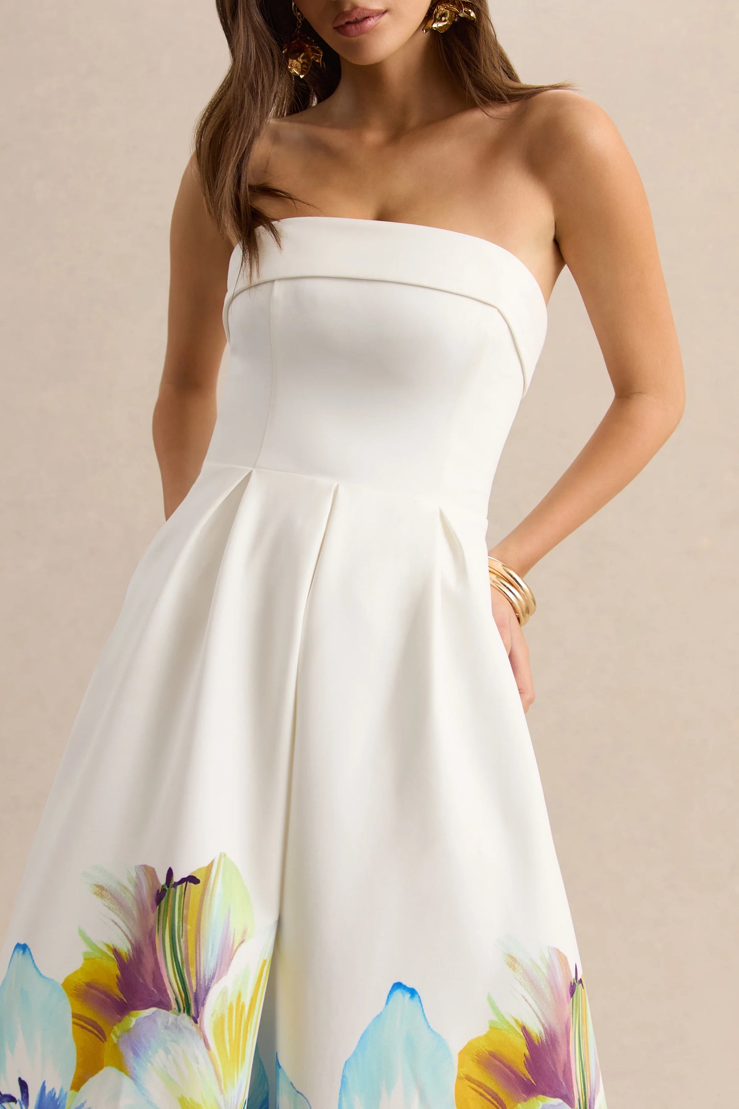 Annalise Blue And Yellow Floral Border Print Bandeau Skater Midi Dress