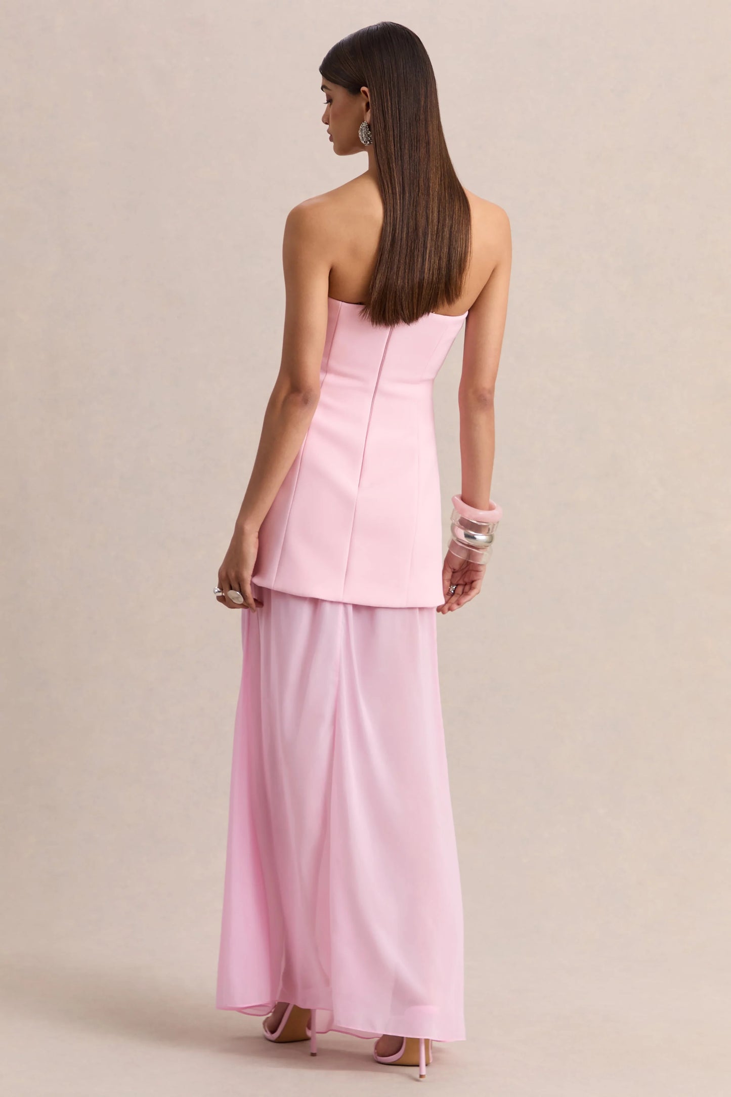 Chessa Light Pink Boat-Neck Maxi Dress With Sheer Cape