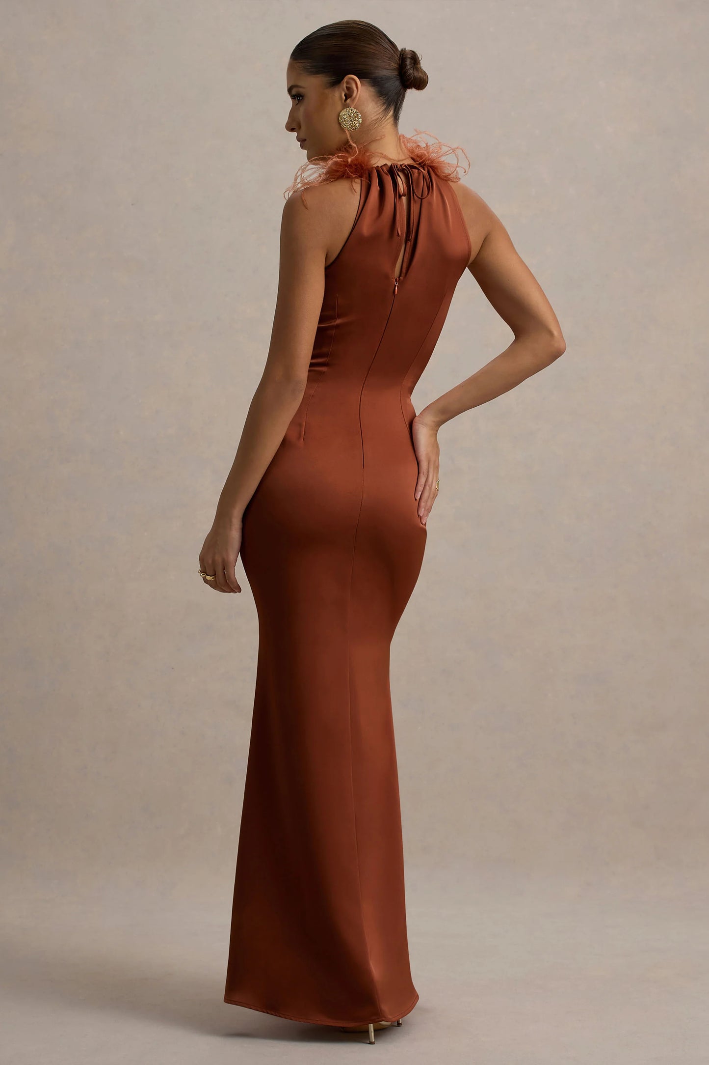 Bianca Rust Satin Feather-Trim Maxi Dress