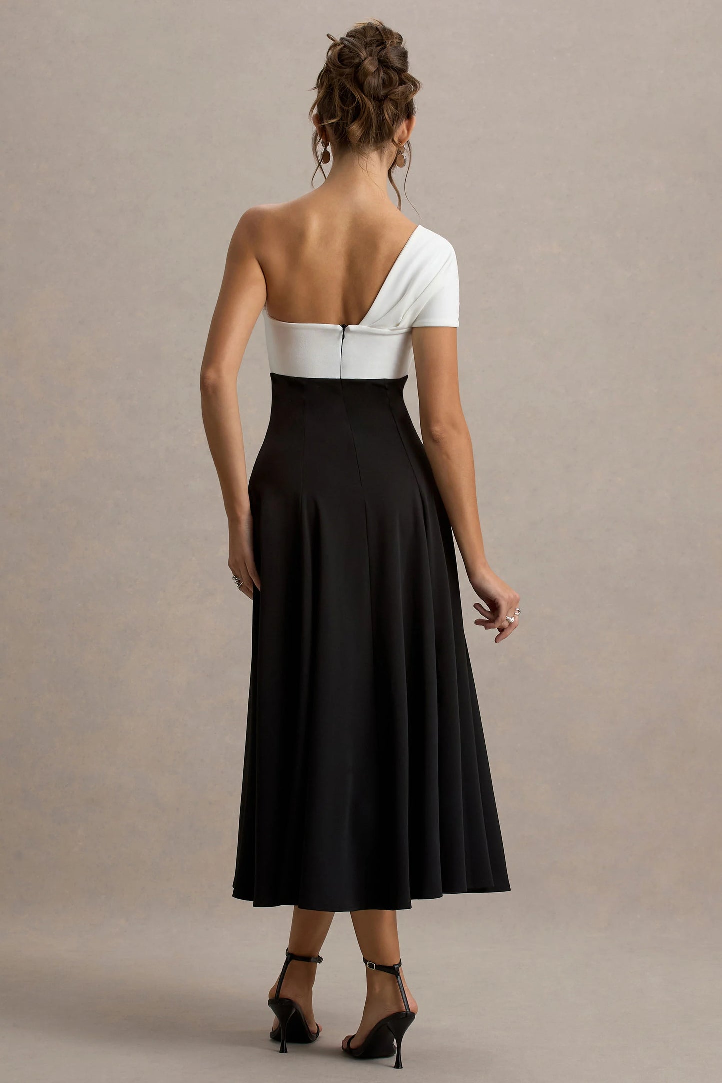 Malta Black & White One-Shoulder Midi Dress