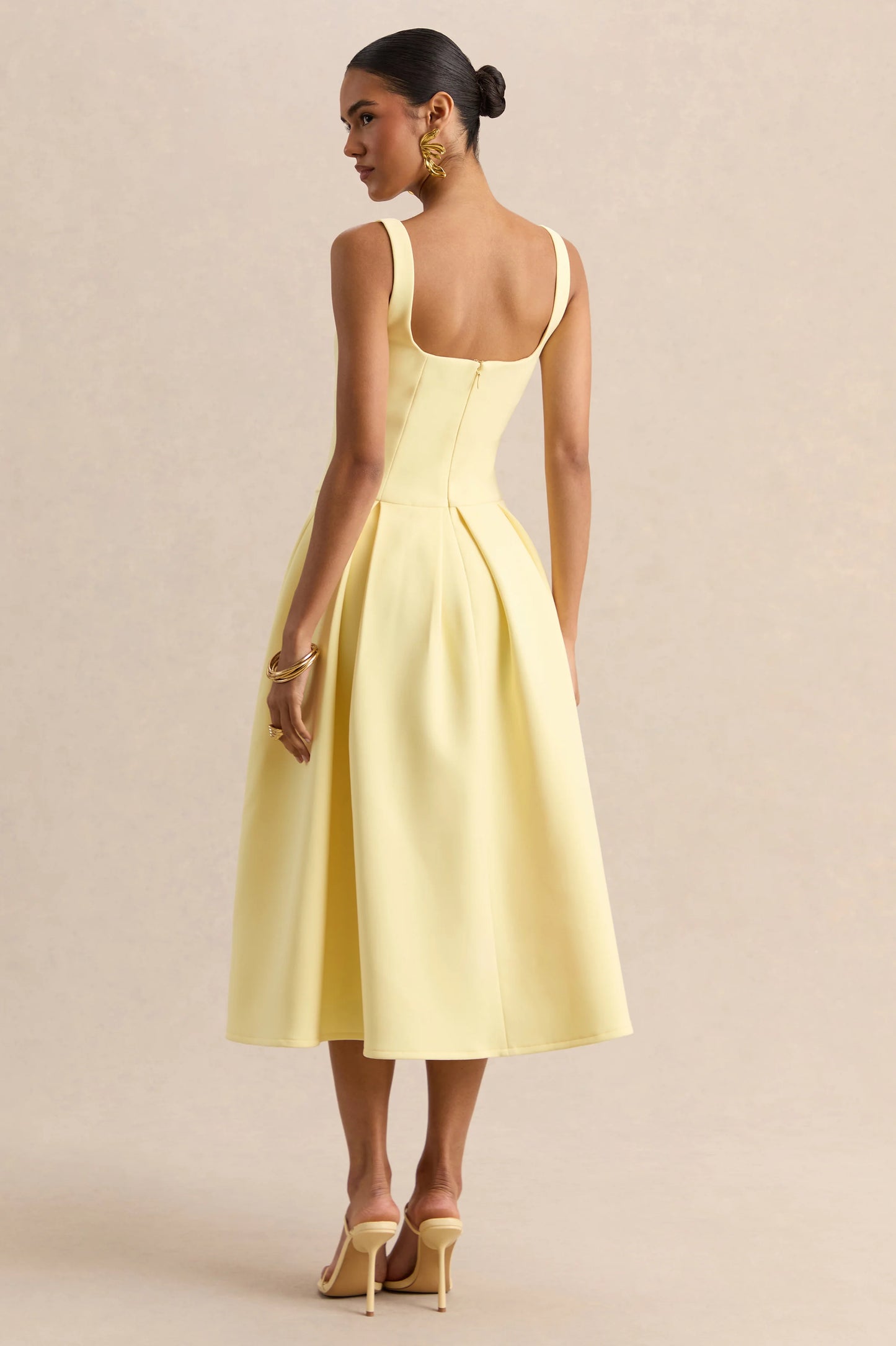 Greta Lemon Sweetheart-Neck Midi Dress