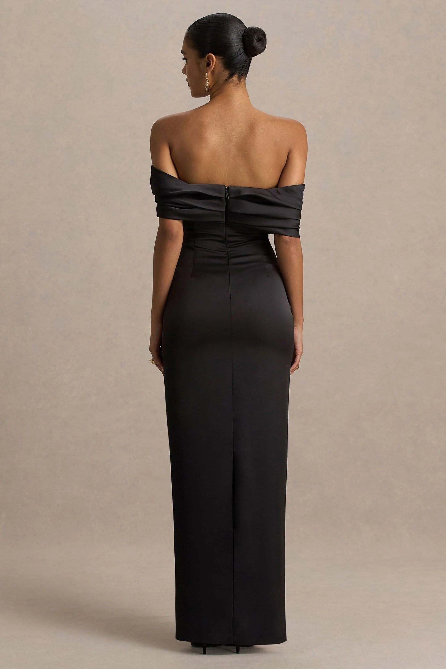 Valeria Black Satin Twist-Bardot Neck Maxi Dress