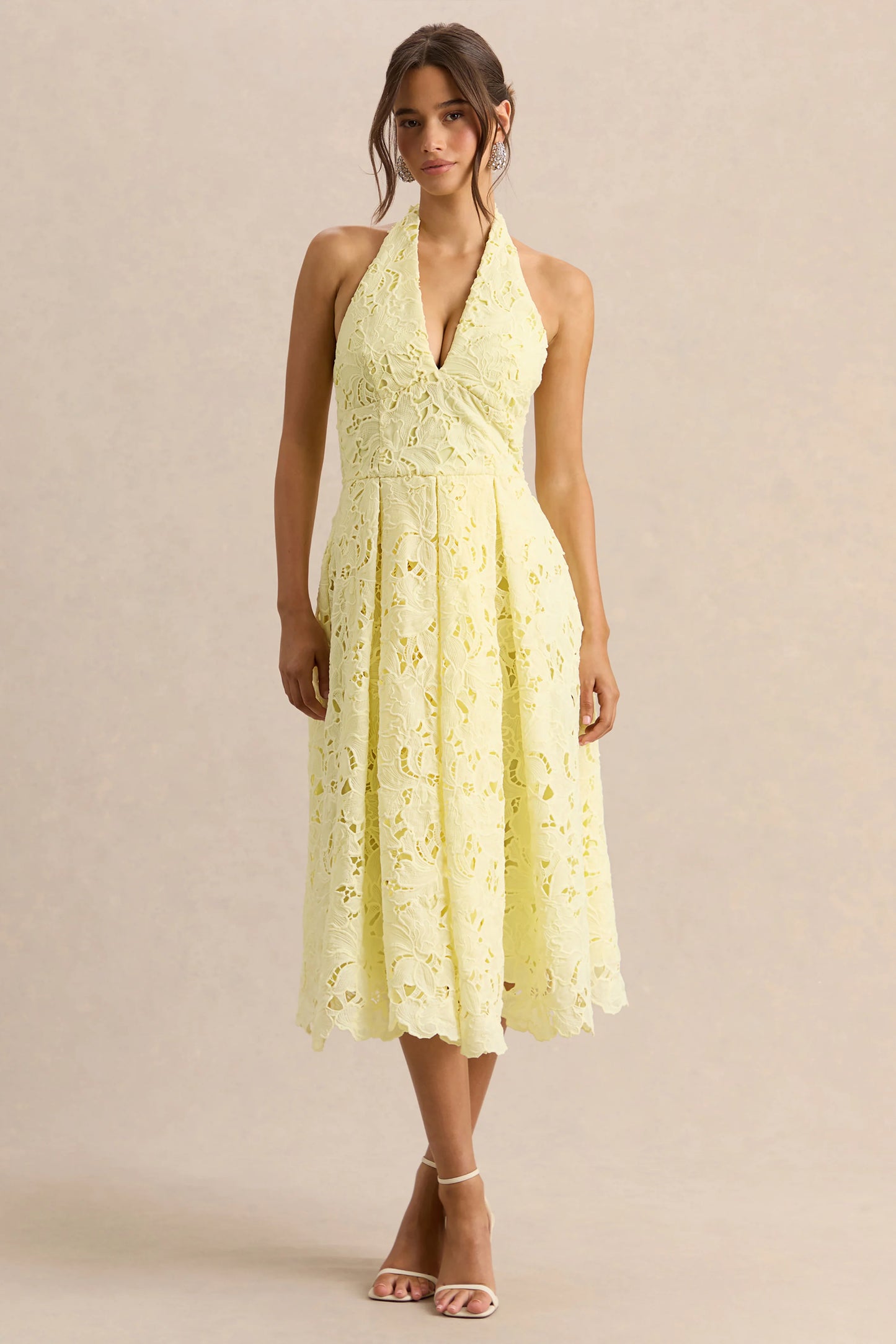 Maribel Lemon Lace Plunge-Neck Midi Dress
