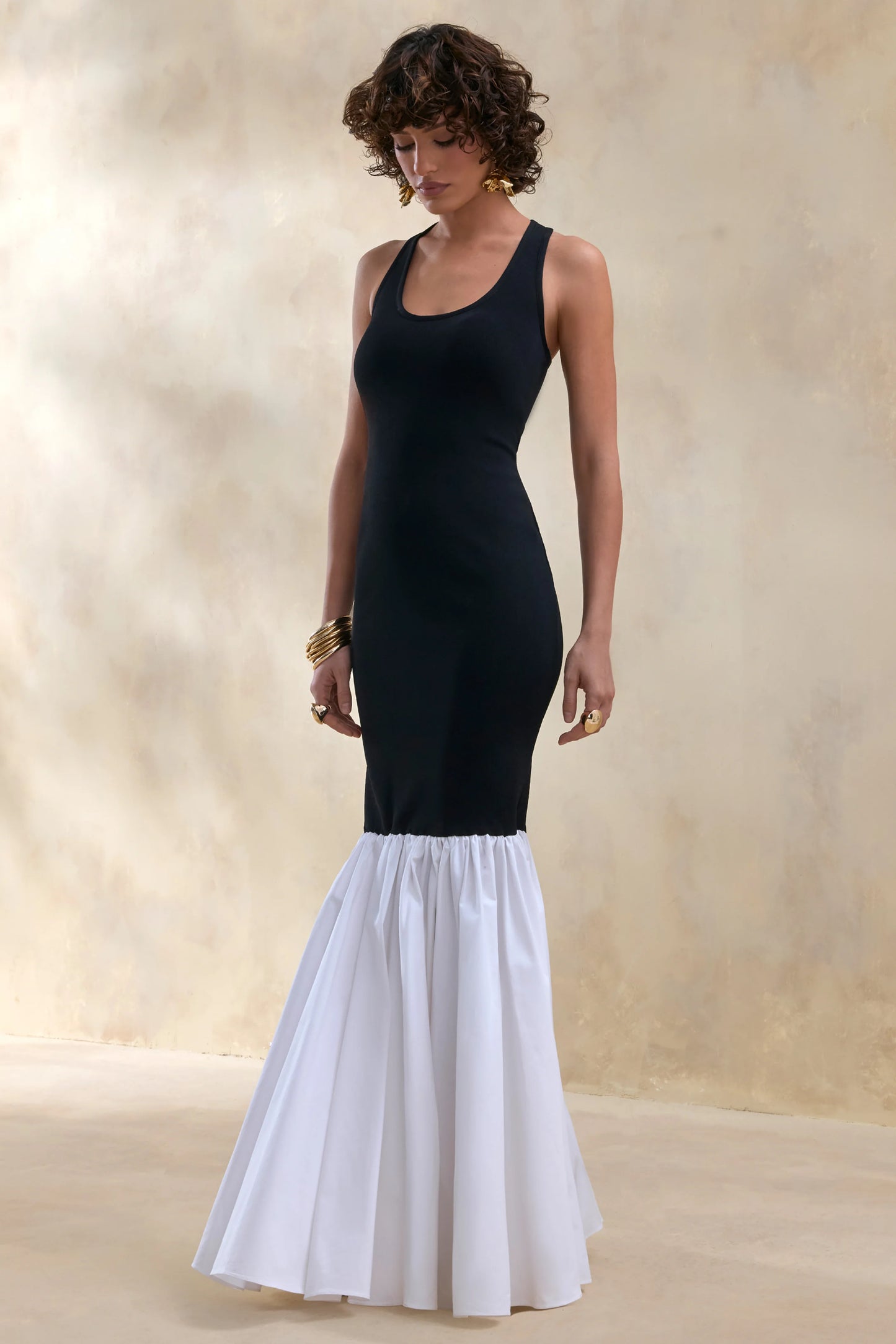 Lexi Black And White Square-Neck Mermaid Maxi Dress