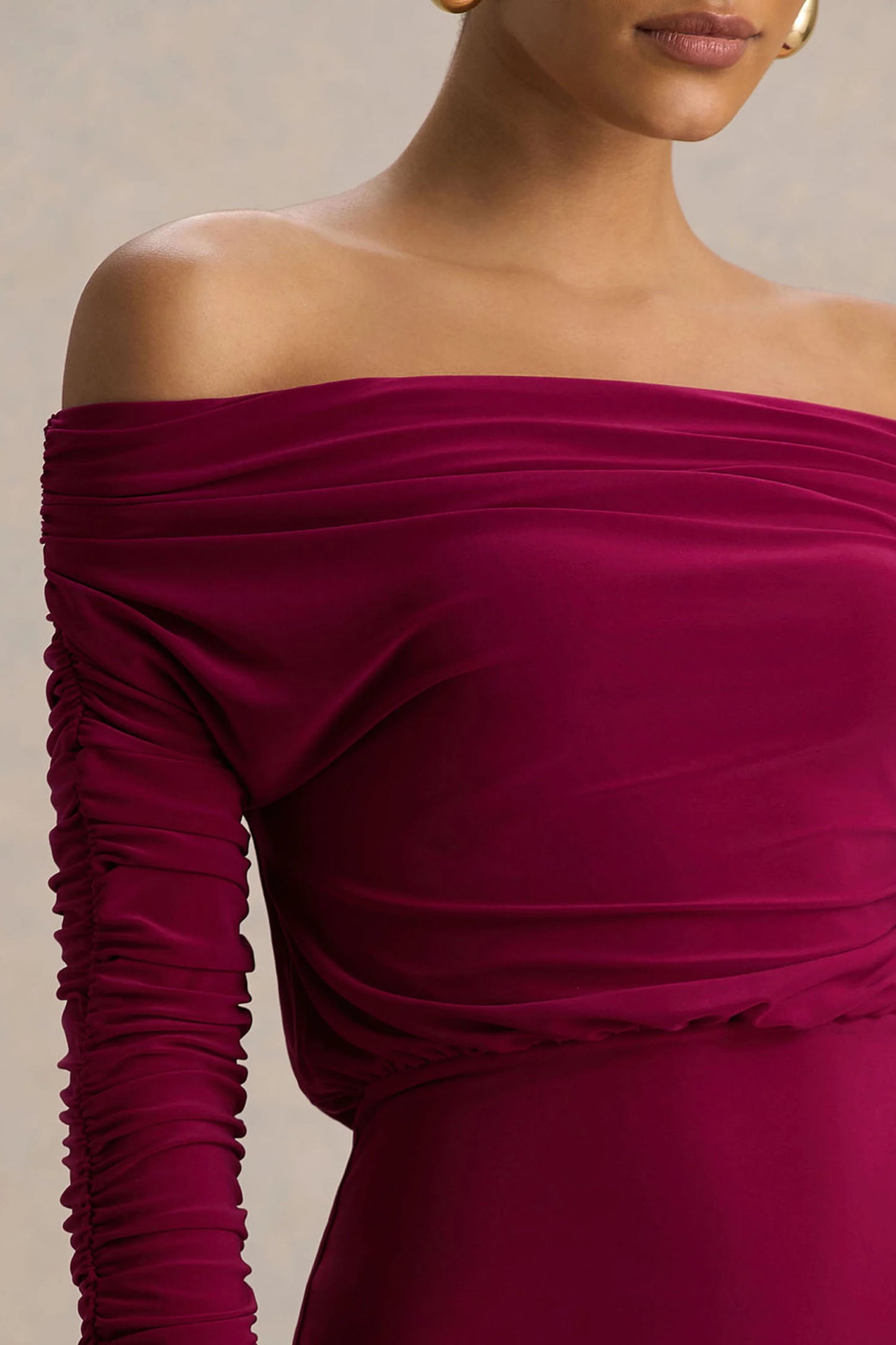 Cilla Burgundy Bardot-Neck Maxi Dress With Ruched Detailing