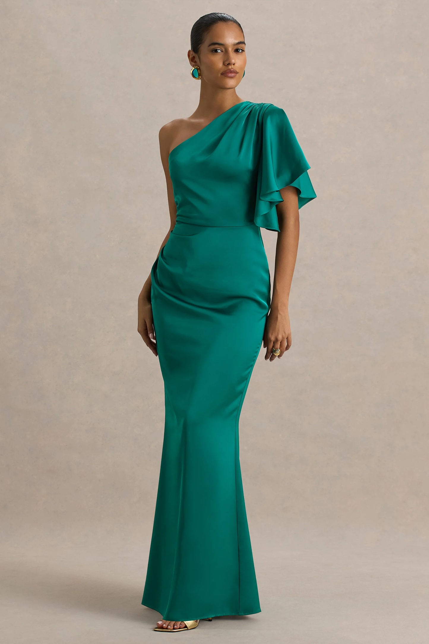 Unforgettable Bottle Green Asymmetric-Neck Maxi Dress With Ruffled Detailing