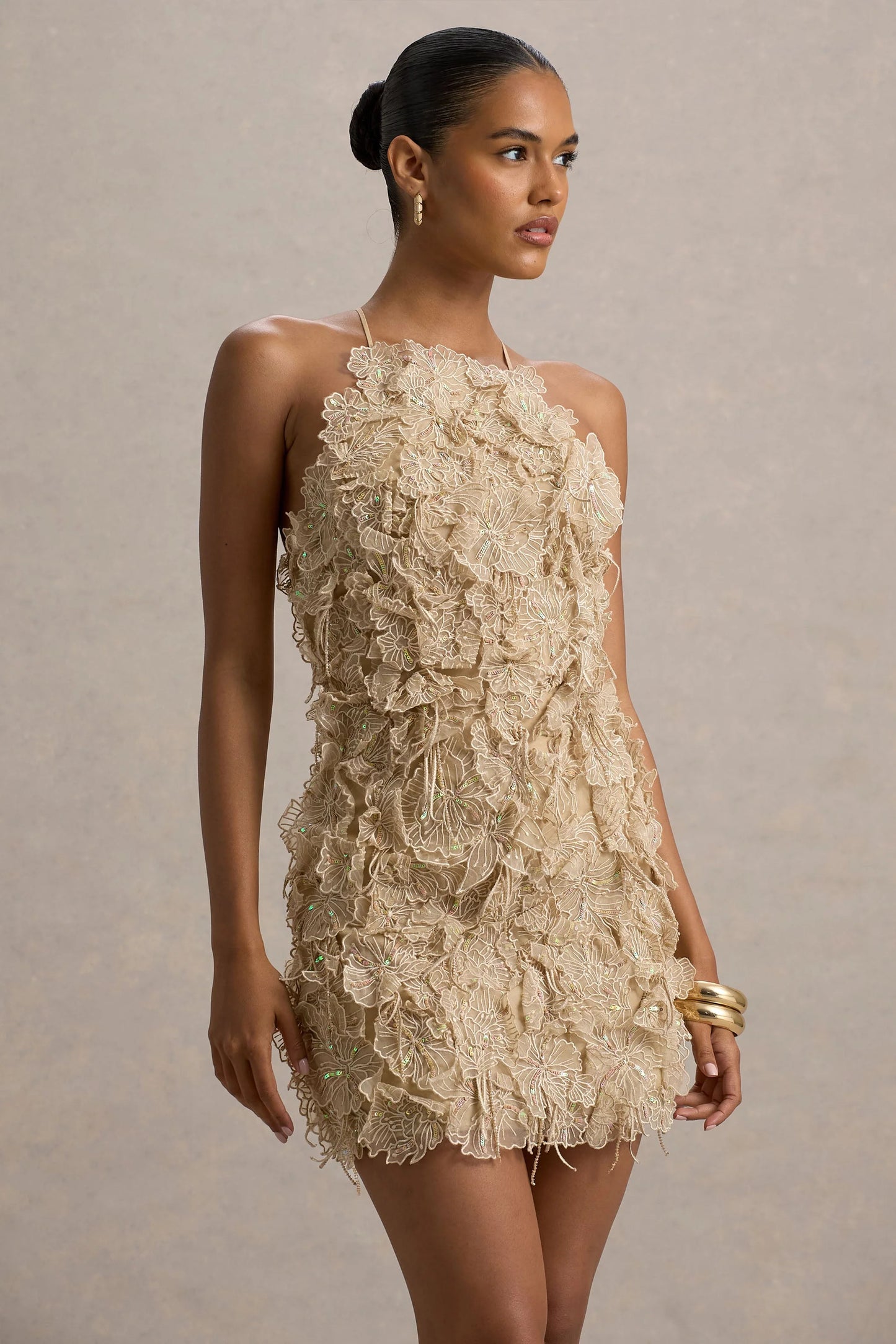 Kamara Nude Sequin Floral Halter-Neck Mini Dress