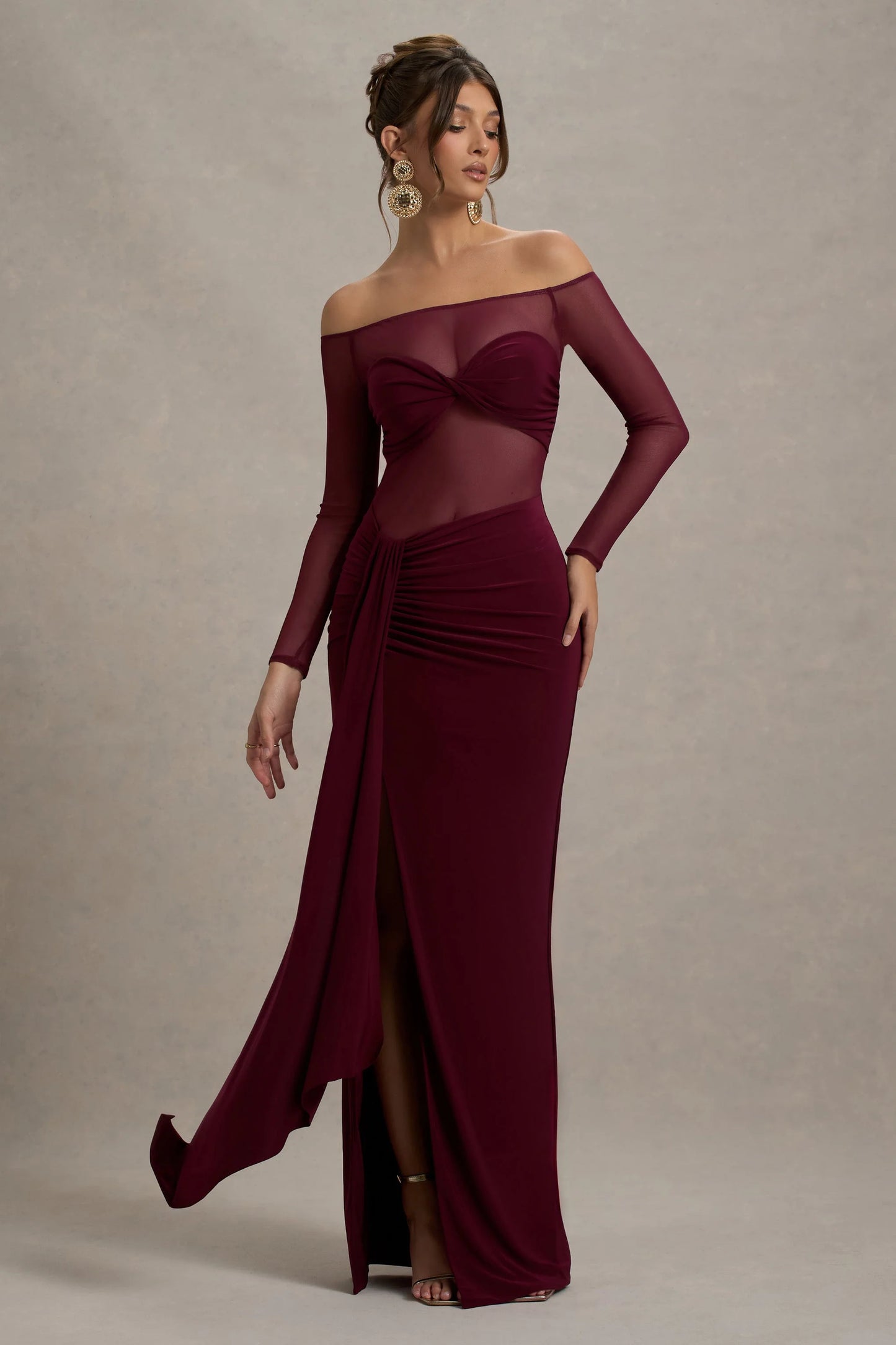 Cover Star Burgundy Mesh Bardot Long-Sleeve Draped Maxi Dress