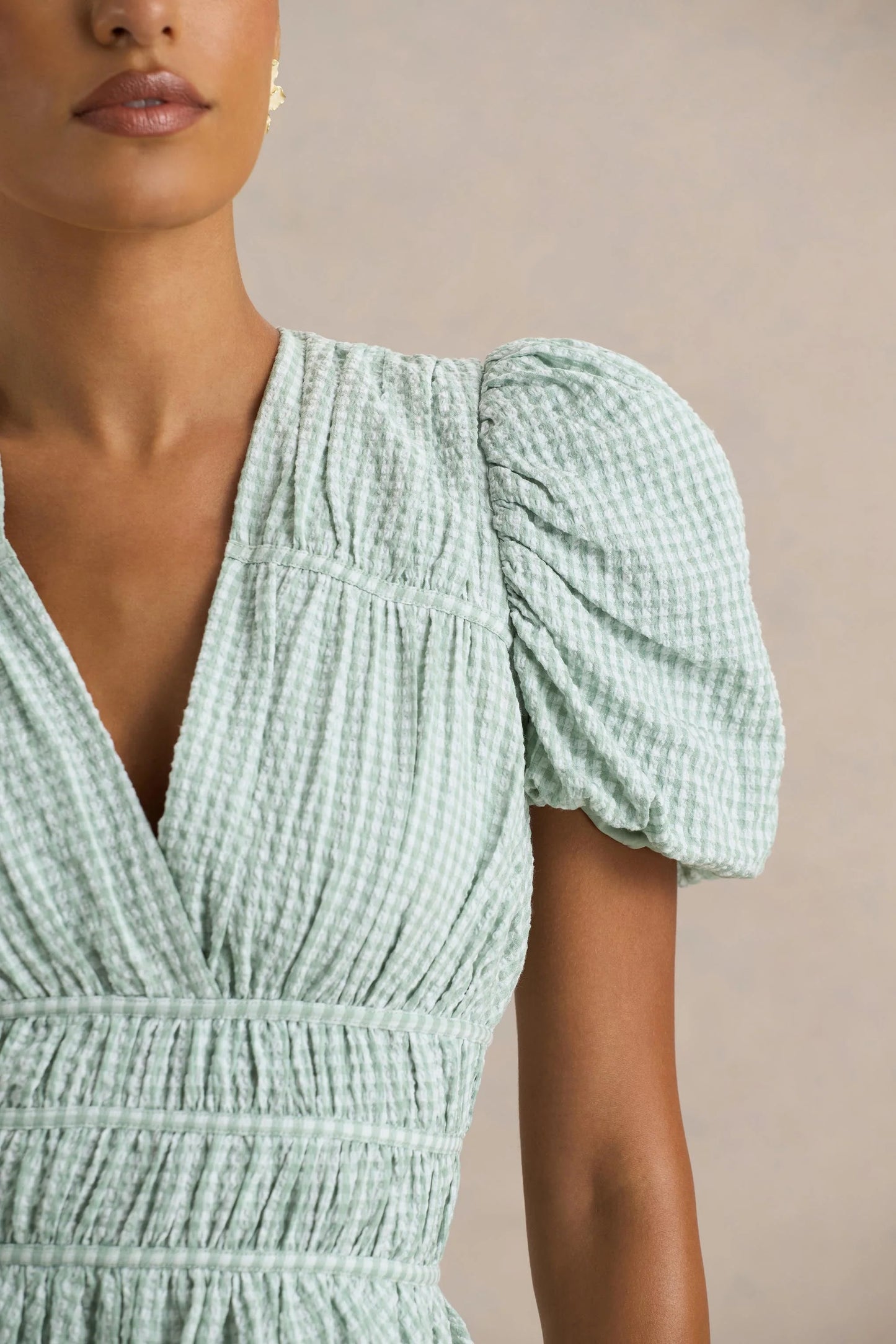 Laurelle Green Extreme Plunge-Neck Mini Dress With Ruffling Detail