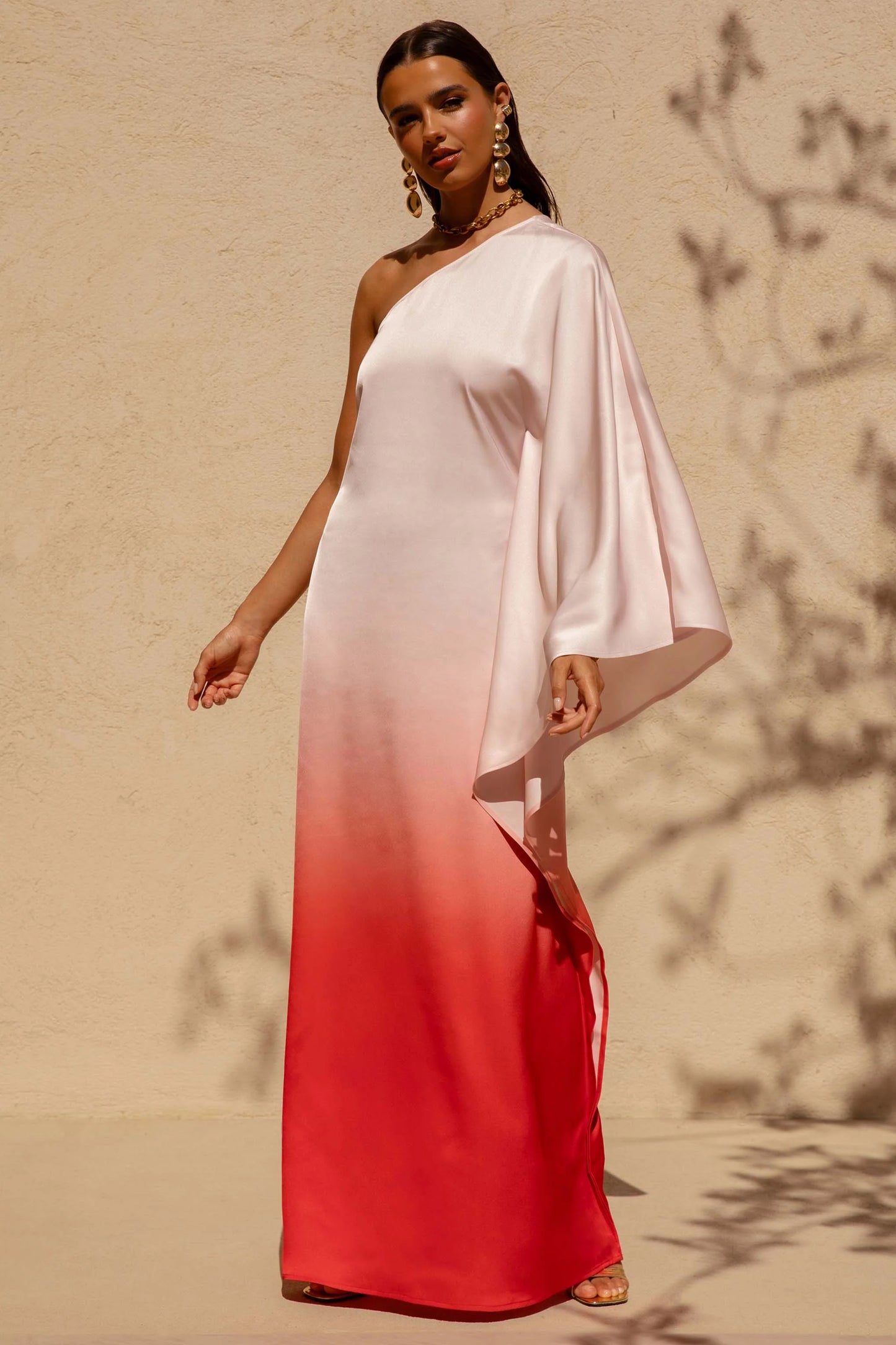 Jayla Red Ombre Satin Asymmetric Maxi Dress With Long-Sleeve