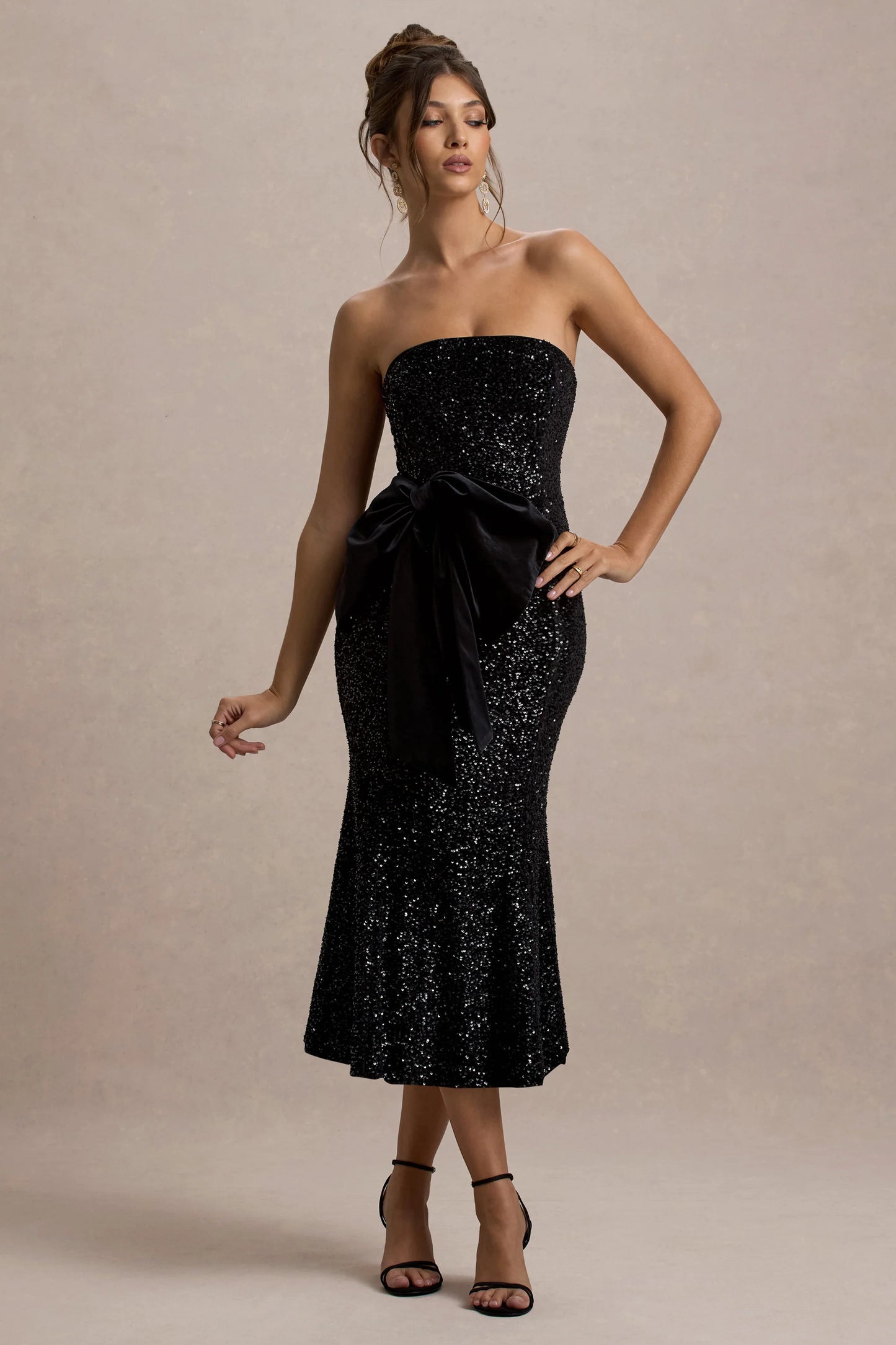 Adee Black Sequin Velvet Halter-Neck Midi Dress With Bow