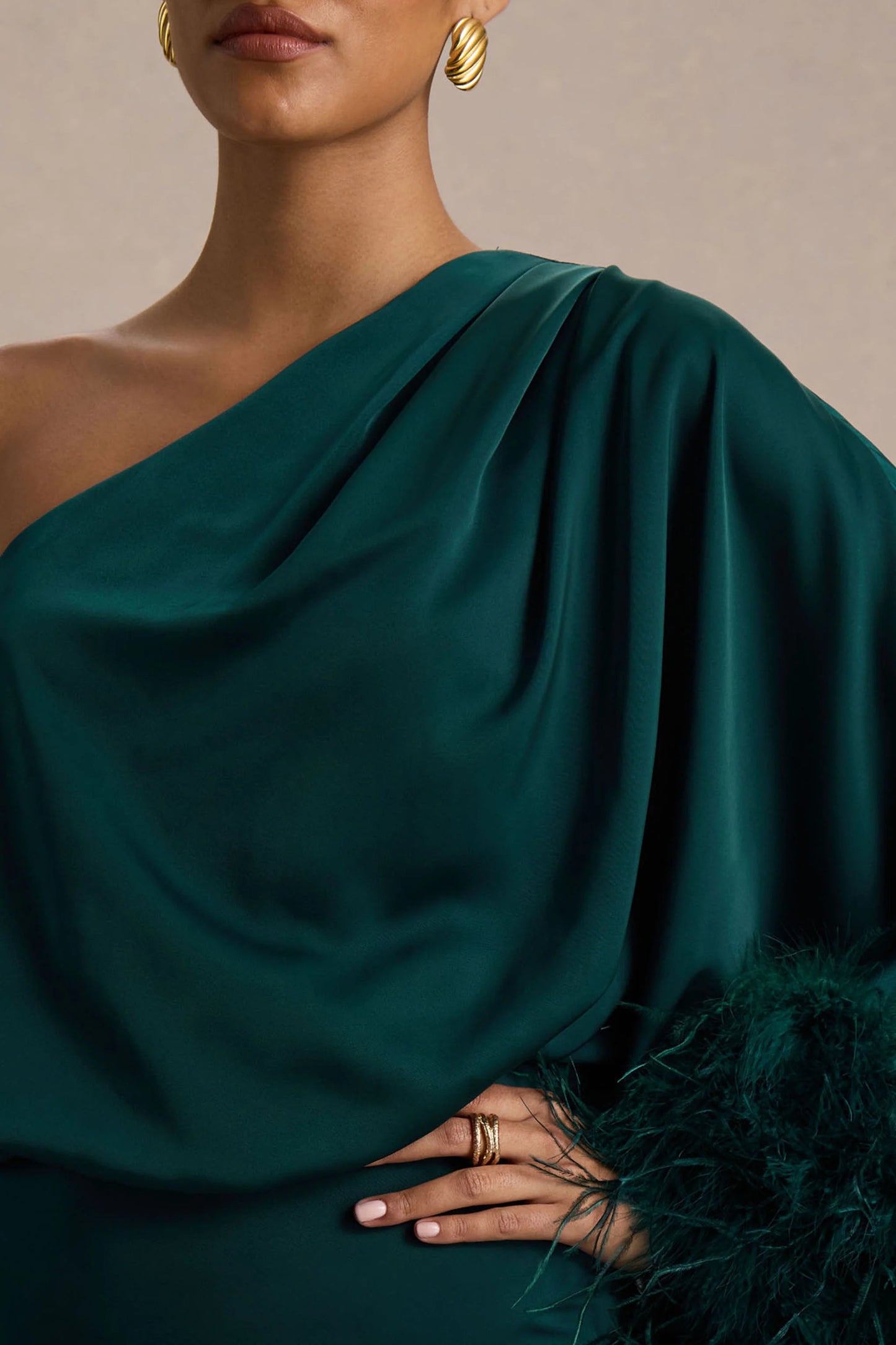 Felicity Teal Satin Asymmetric-Neck Maxi Dress With Feather Detailing