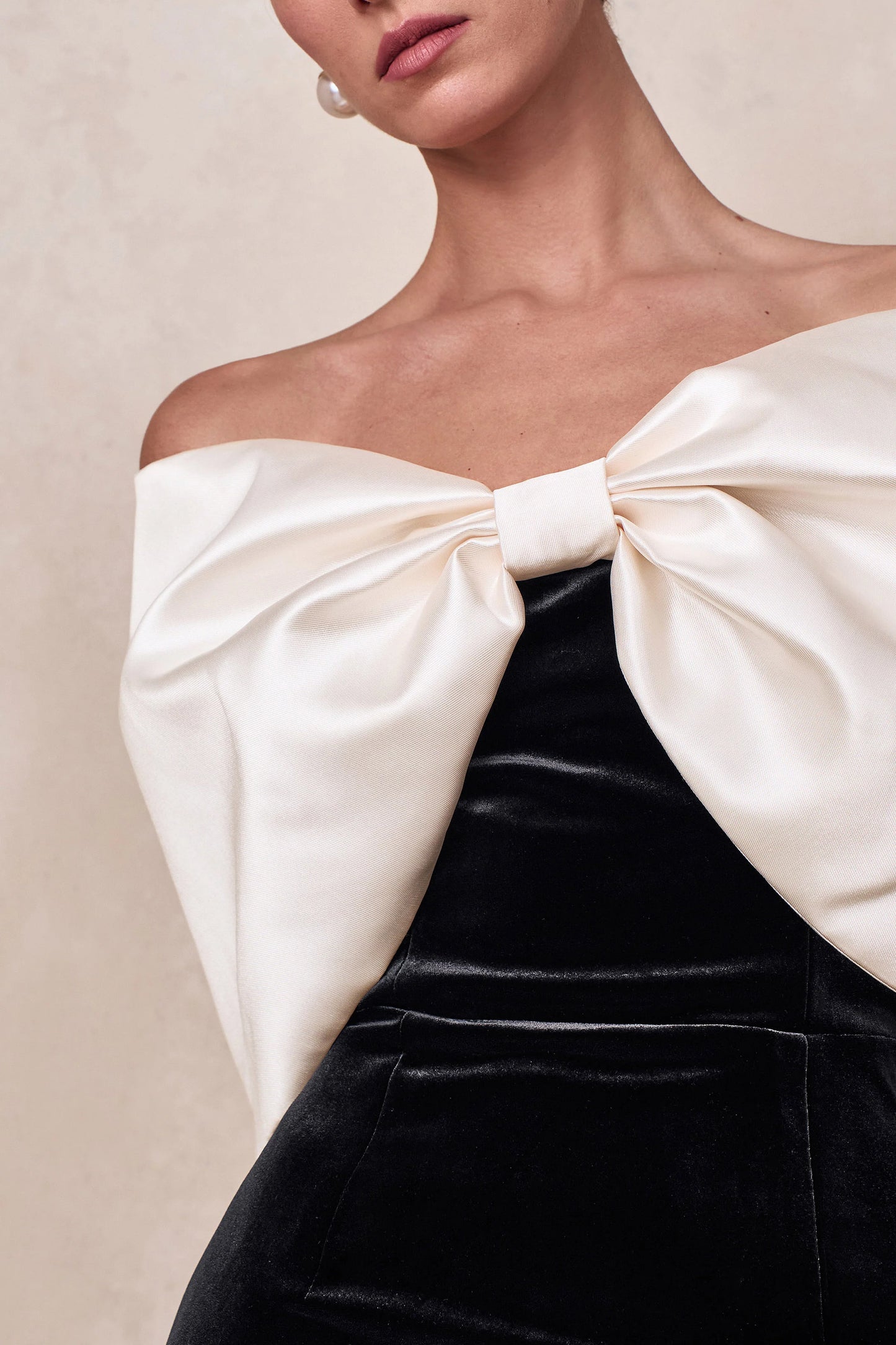 Twilight Black And White Velvet Bardot-Neck Midi Dress With Oversized Satin Bow